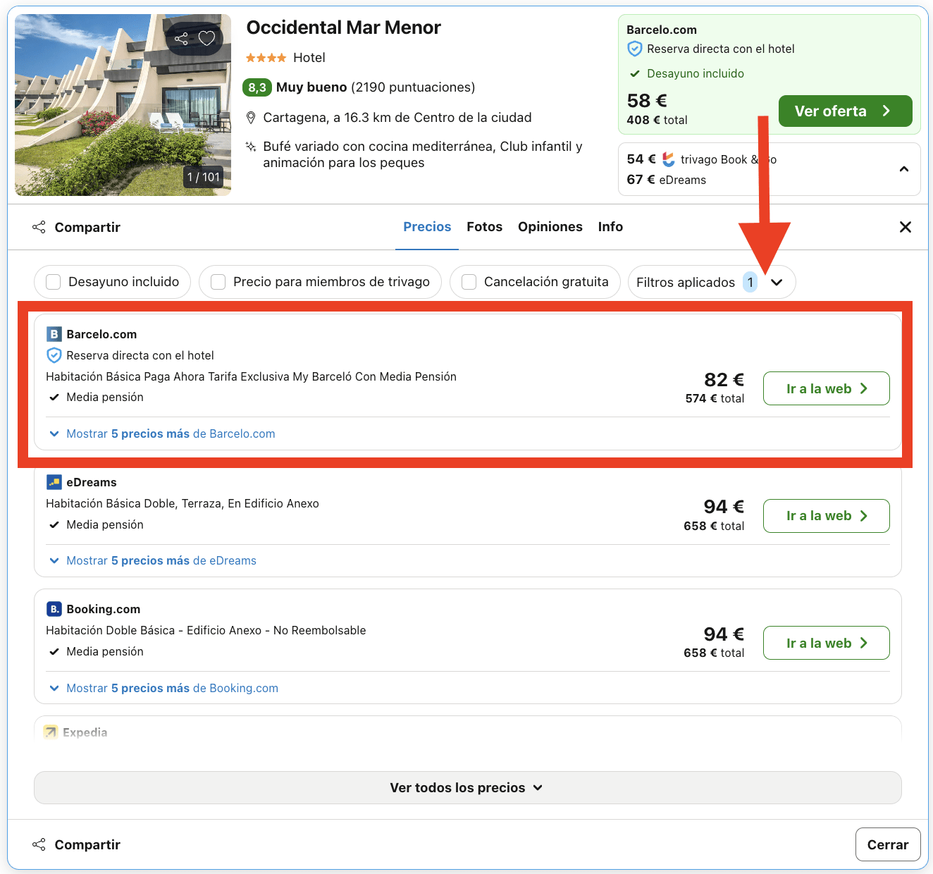 Costa Cálida: 7 noches en resort by Barceló 4* en régimen de media pensión por 287€