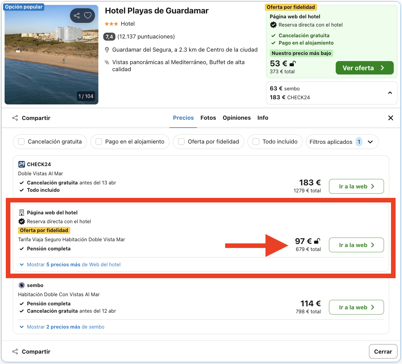 Hotel con acceso directo a la playa en régimen de pensión completa por 48€