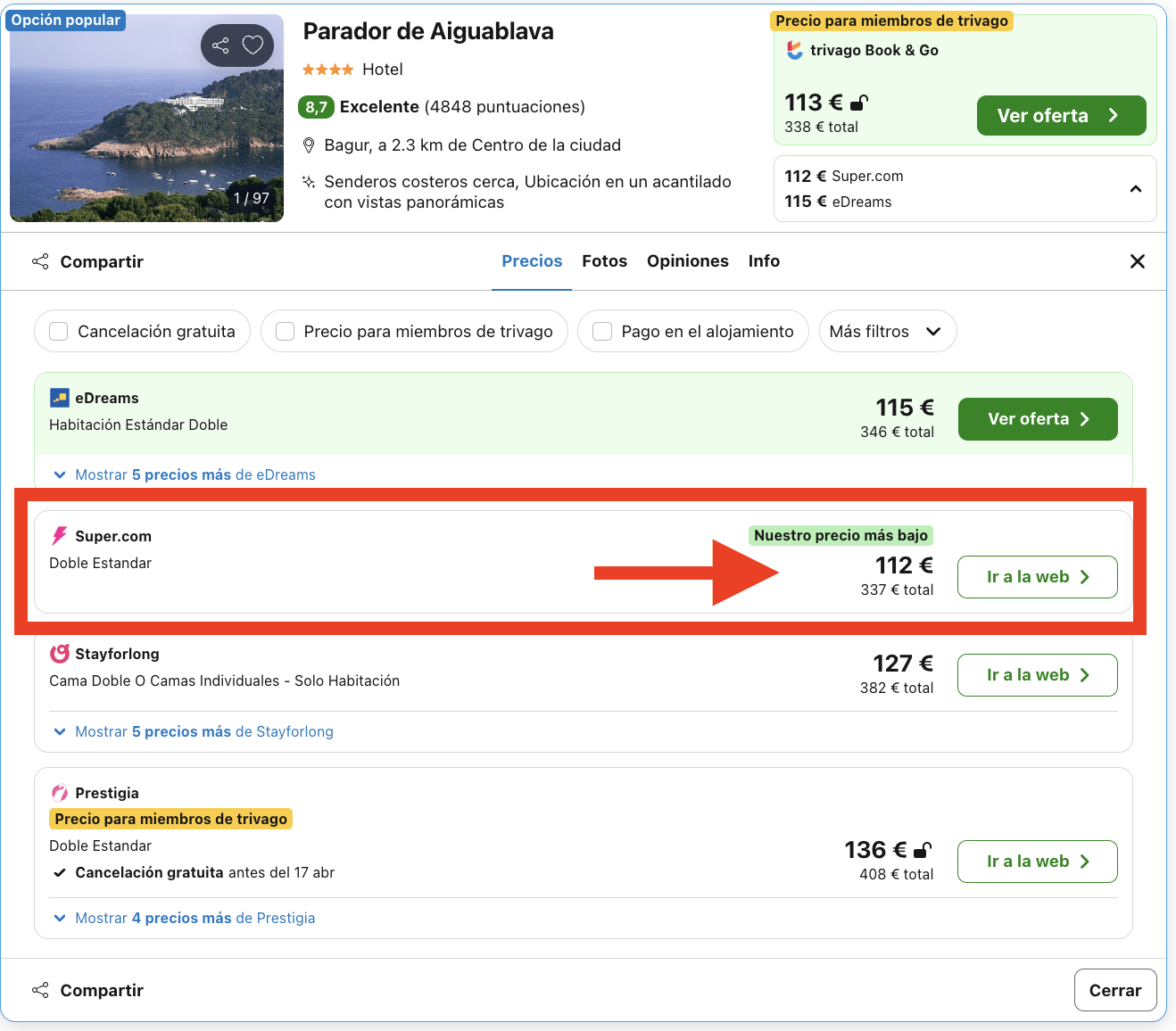 Parador sobre un acantilado en la Costa Brava por 56€