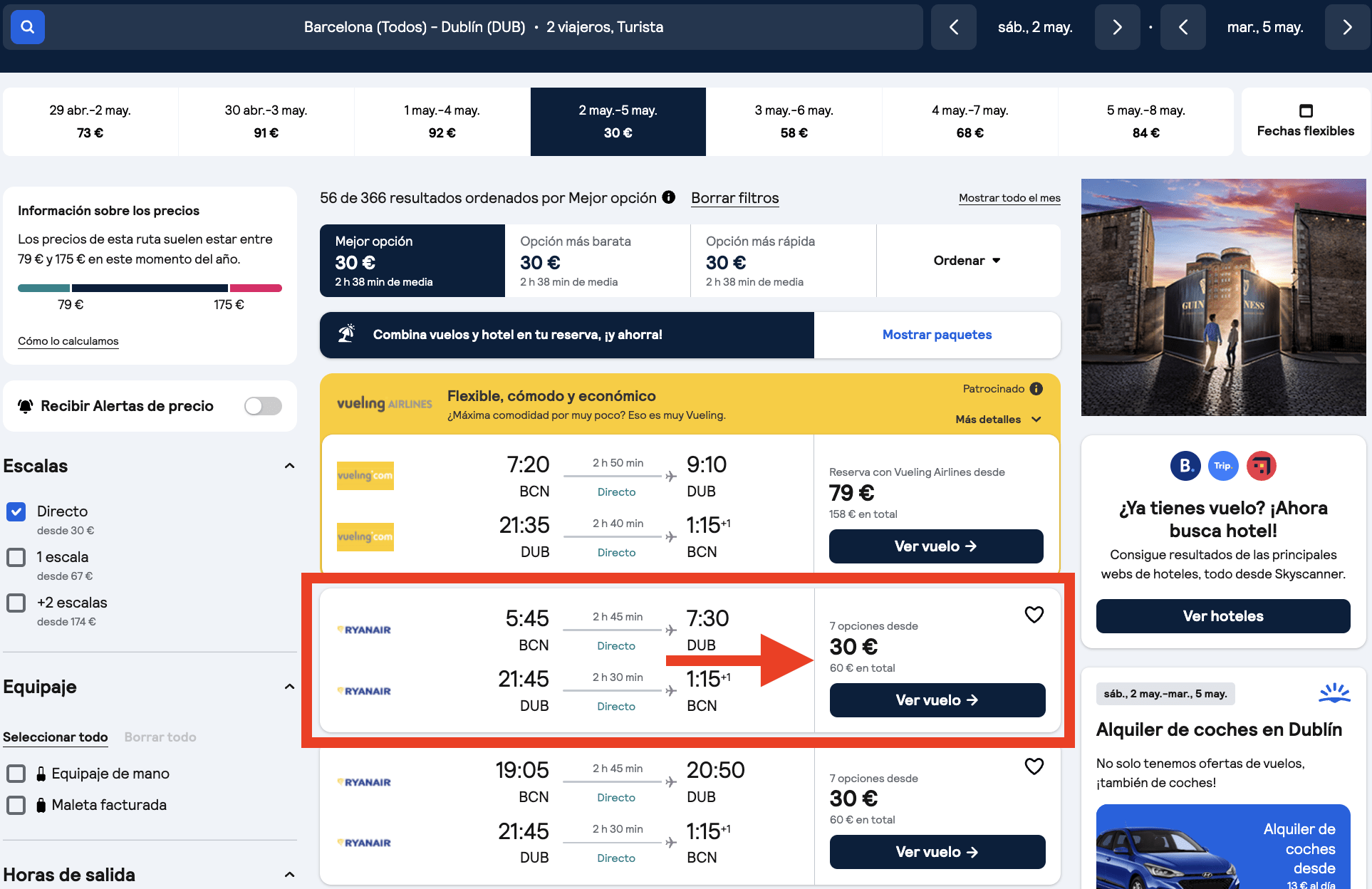 Dublín: vuelos de ida y vuelta + 3 noches en hotel céntrico por 269€