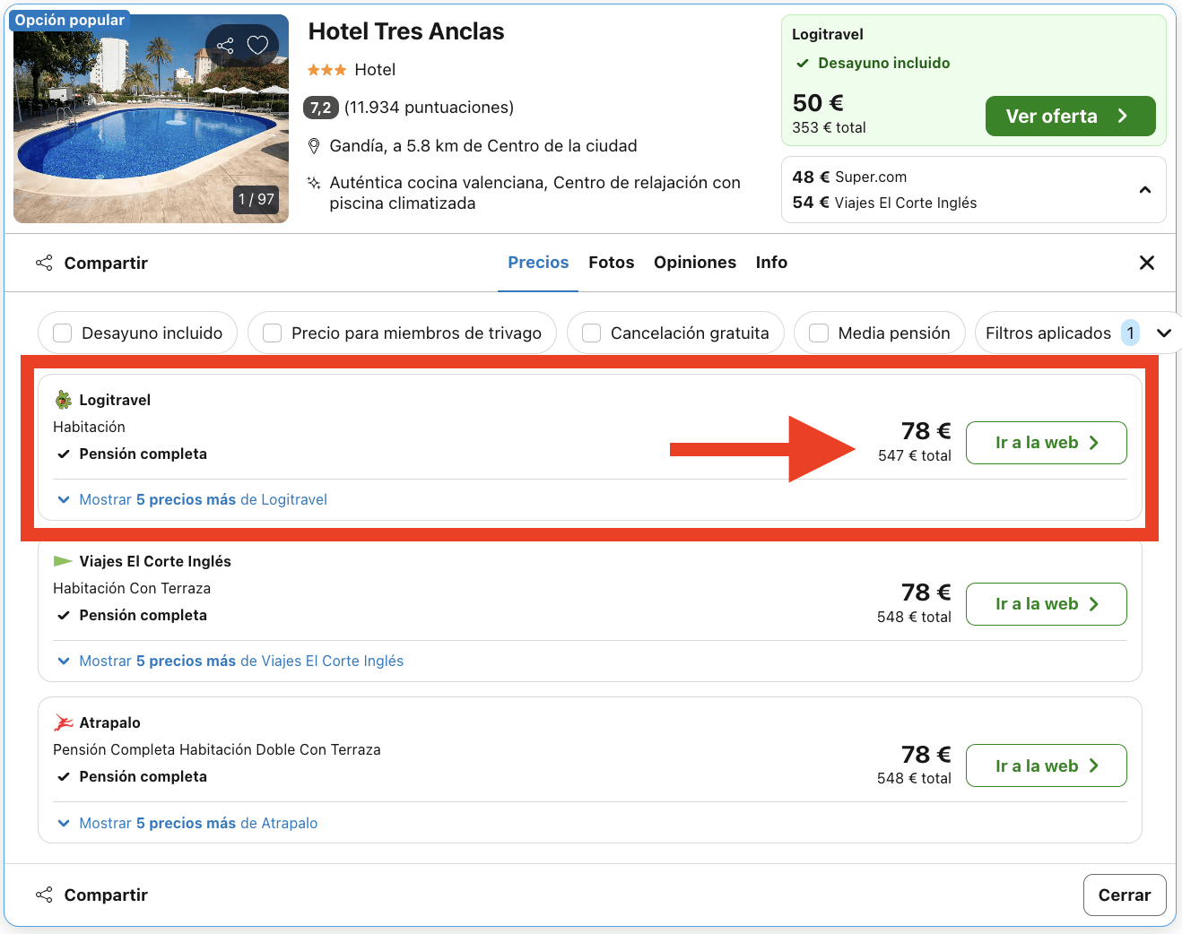 Vacaciones en Gandía: 7 noches en un hotel con pensión completa por 273€