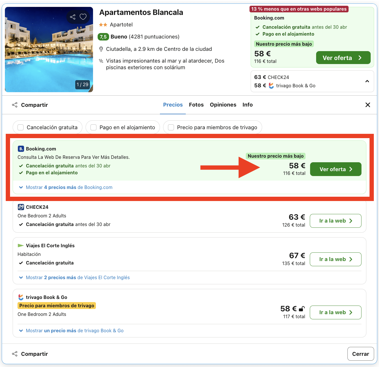 Finde en Menorca: aparthotel con vistas impresionantes al mar y al atardecer por 29€