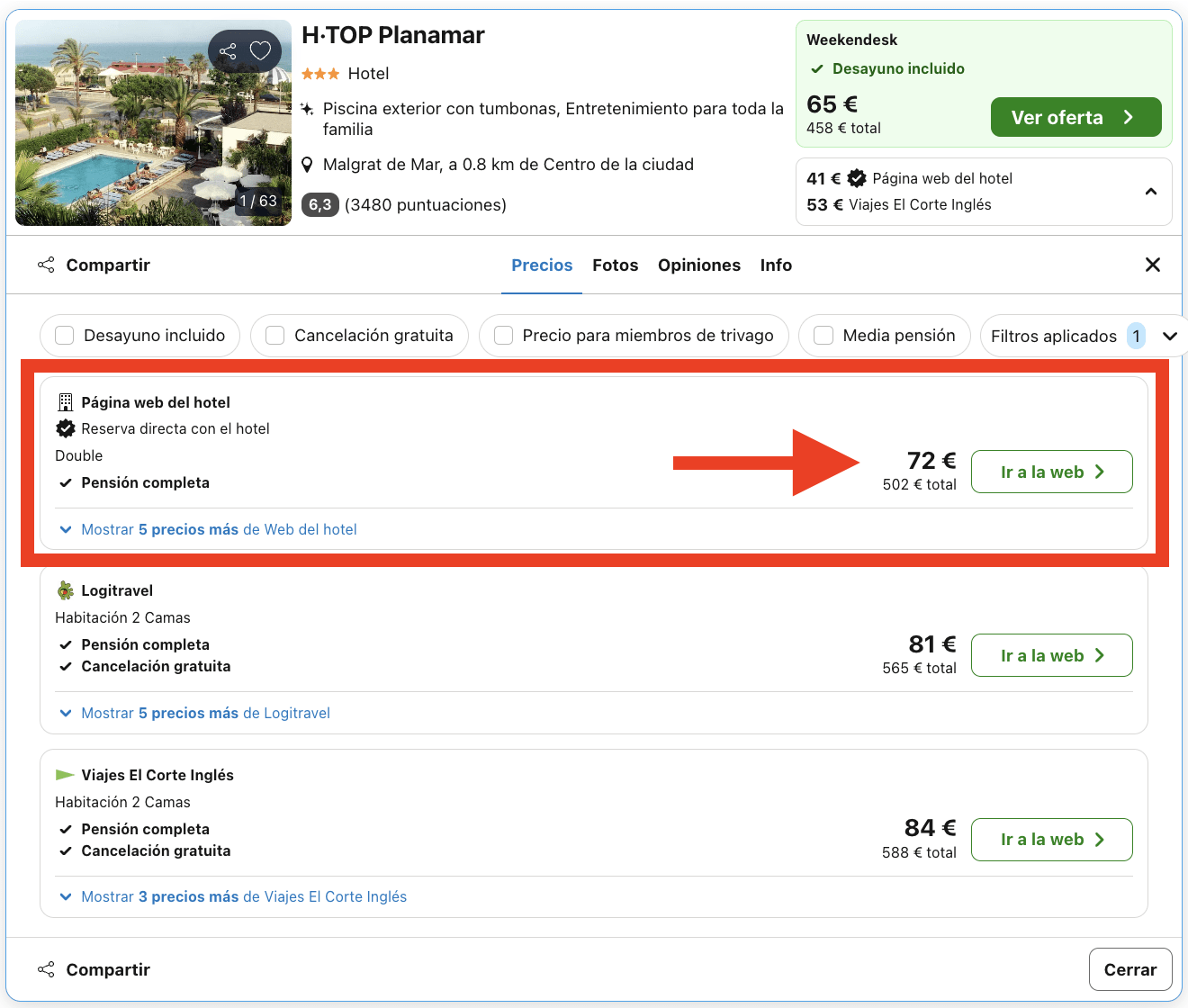 Hotel a pie de playa con pensión completa por 36€