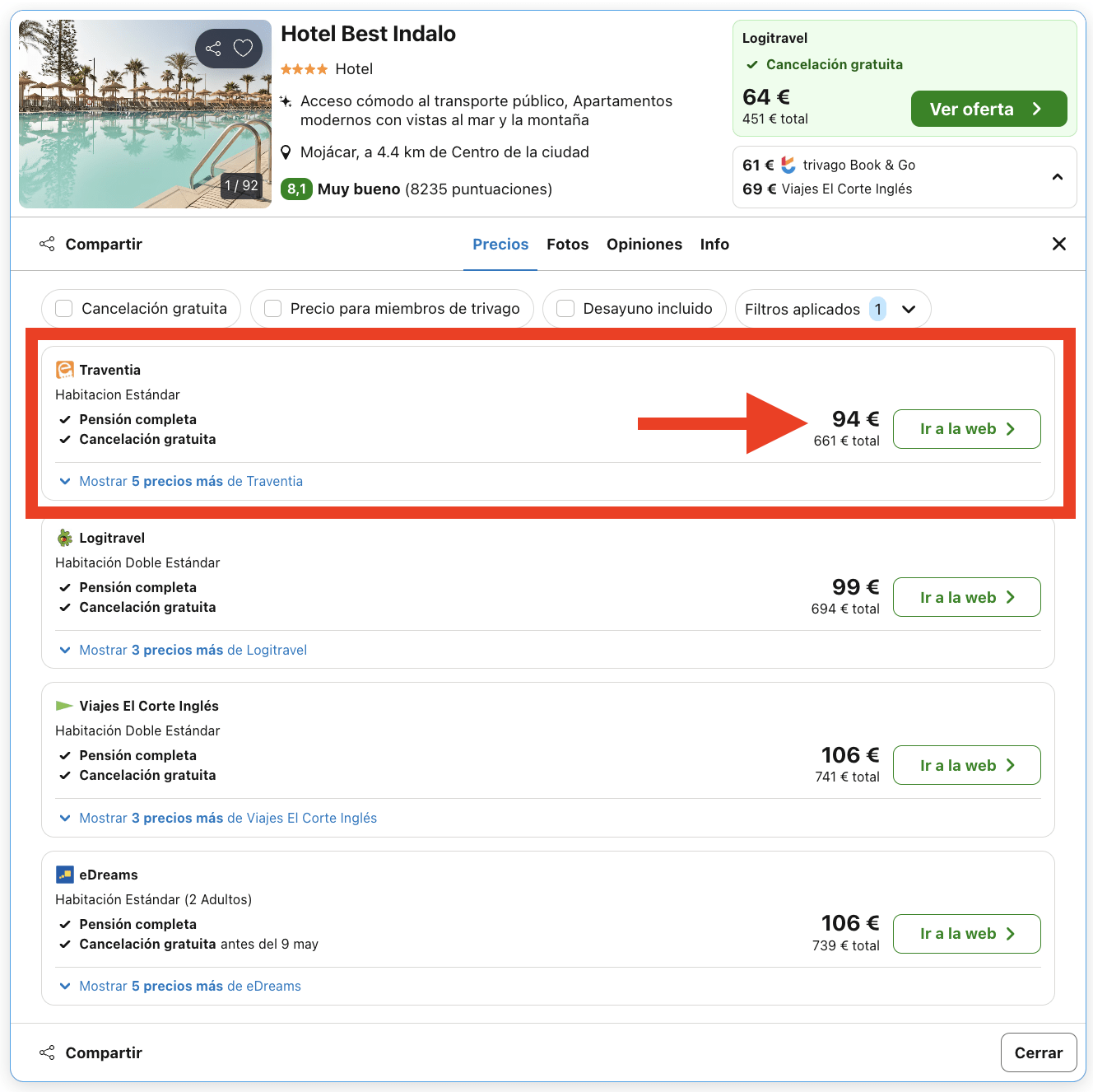 Hotel a un paso de la playa con piscina infantil y barco pirata con pensión completa por 47€