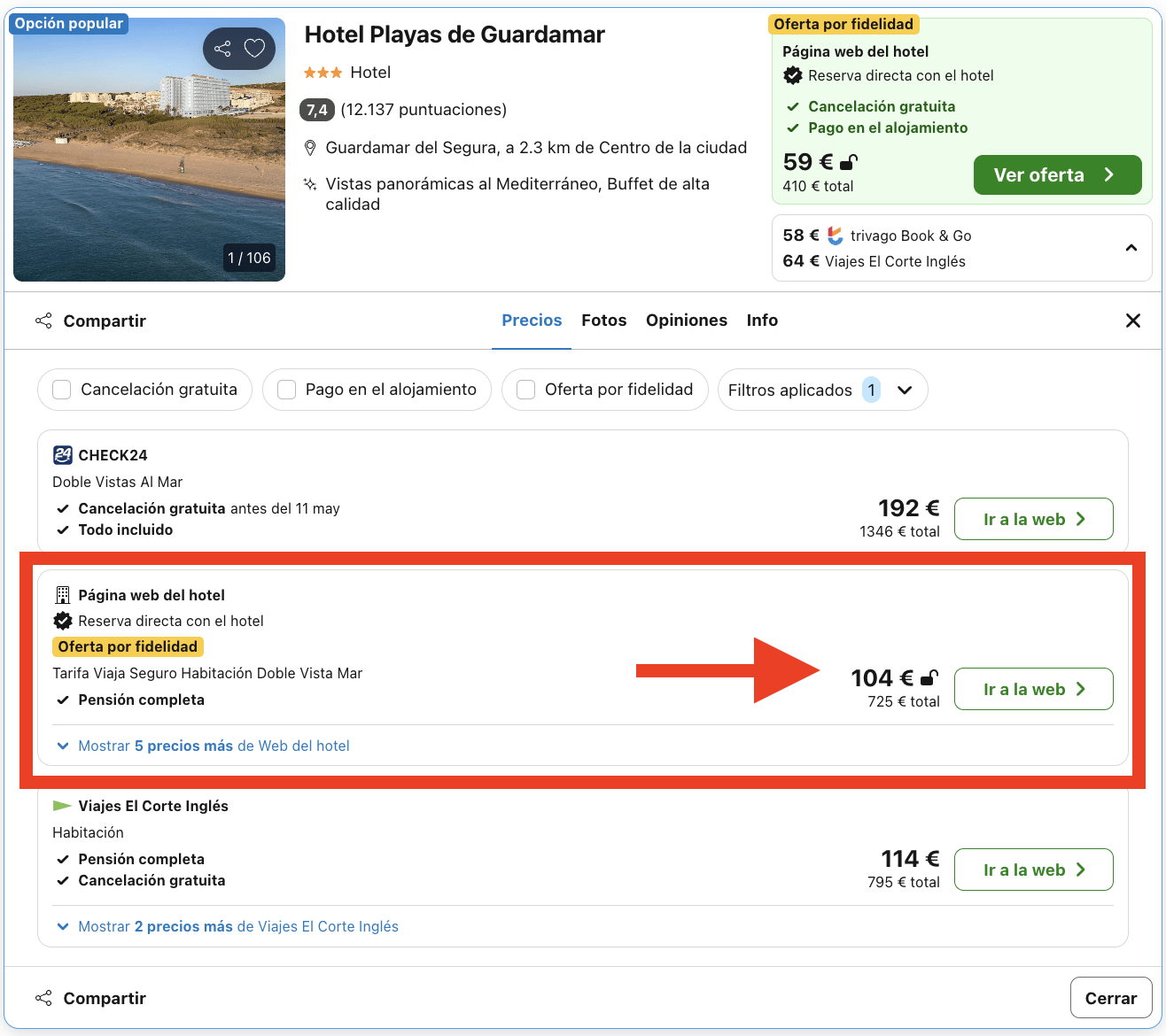 Hotel en Guardamar del Segura con acceso directo a la playa y pensión completa por 52€