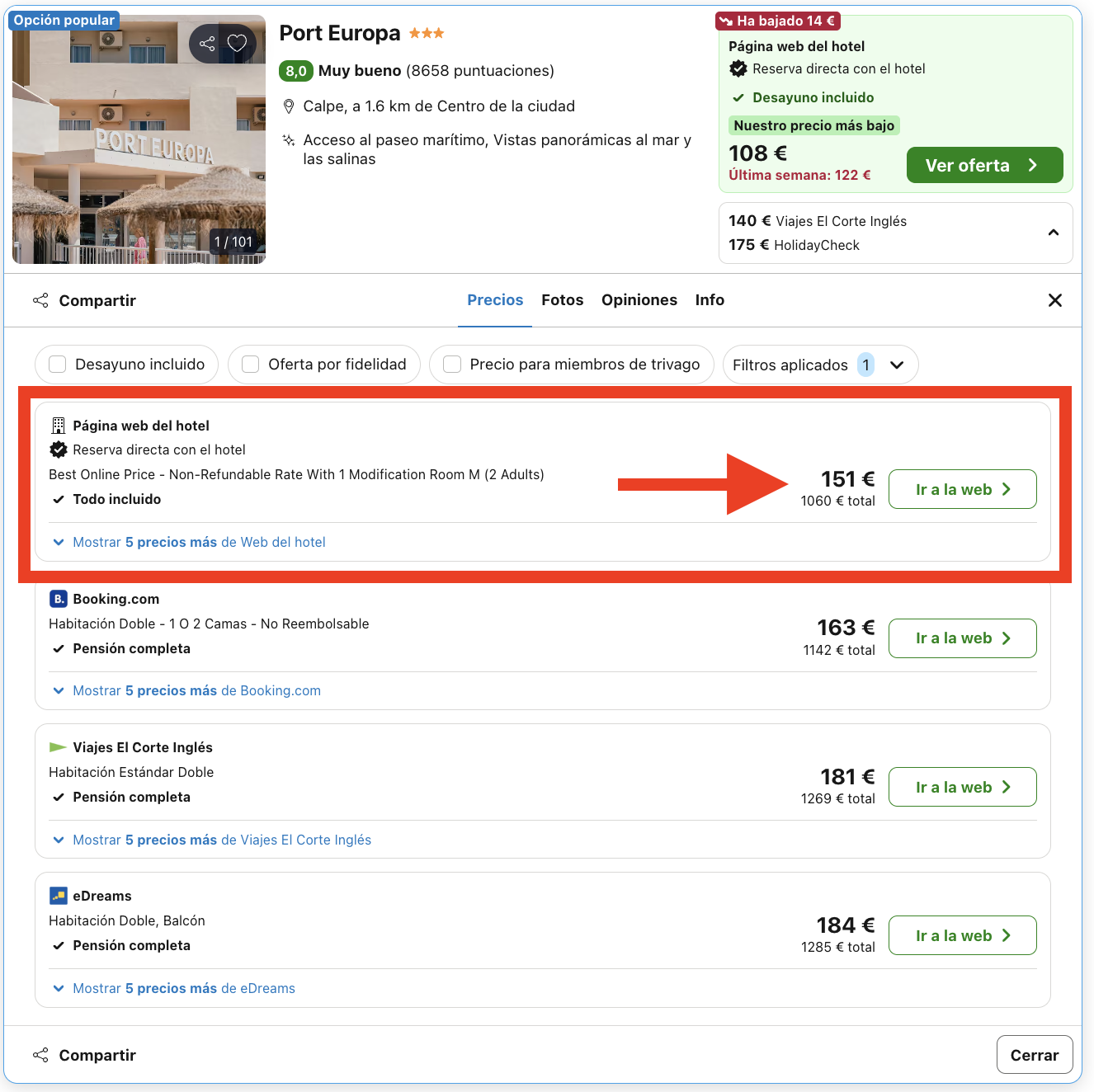 Acogedor hotel en Calpe con vistas al mar en régimen TODO INCLUIDO por 75€