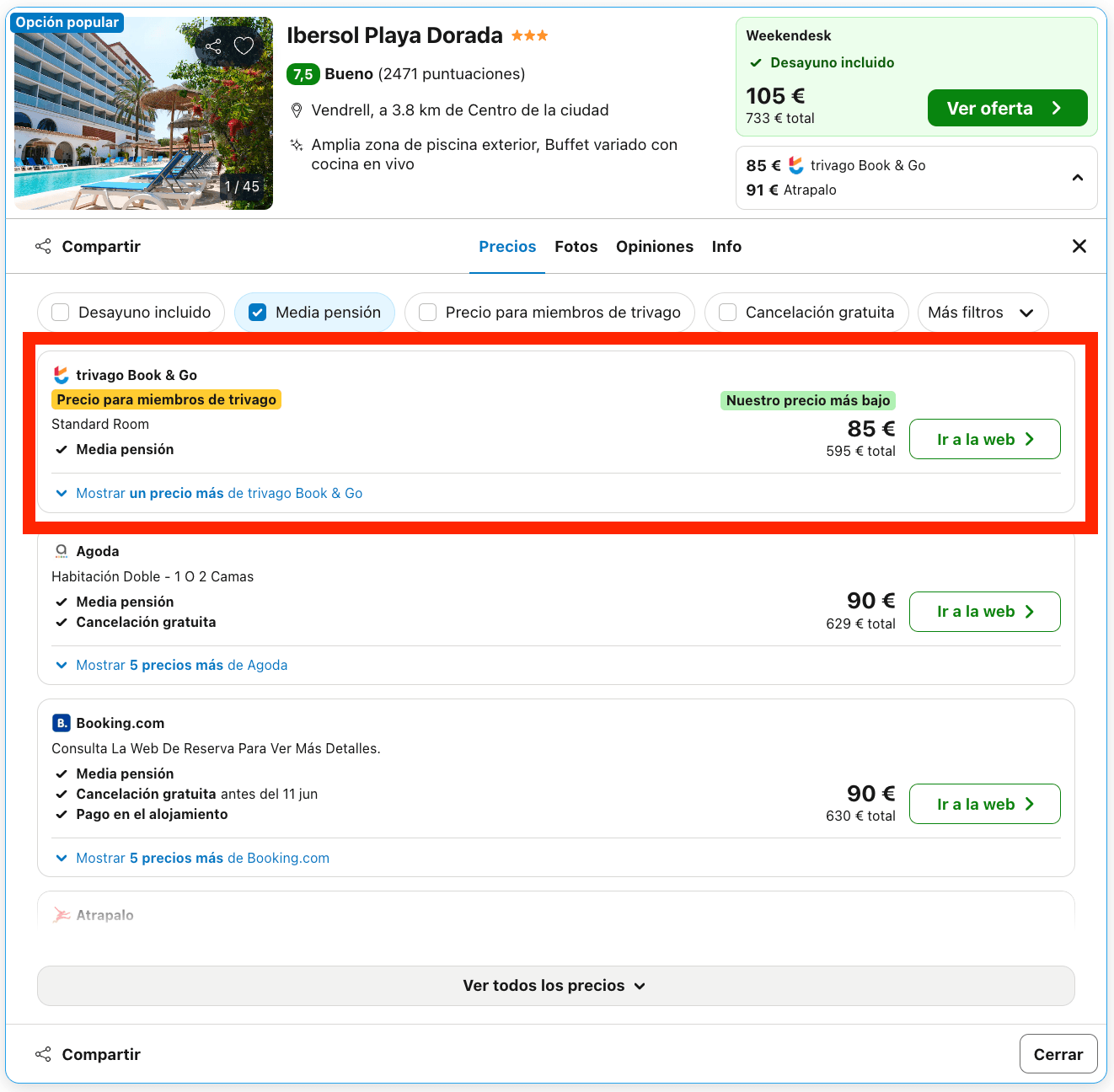 Vacaciones en El Vendrell: 7 noches en un hotel con MEDIA PENSIÓN por 297€