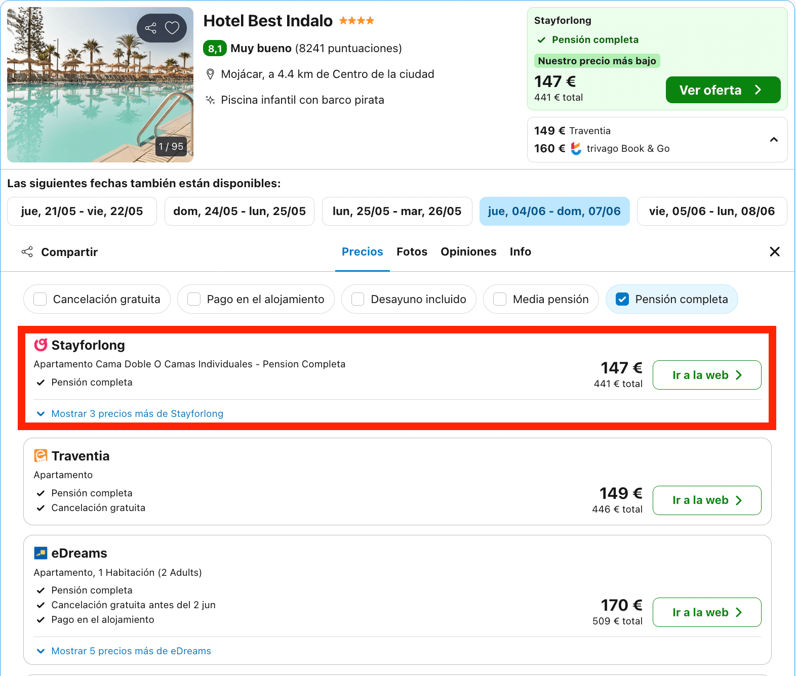 Hotel a un paso de la playa con piscina infantil y barco pirata con pensión completa a partir de 73€