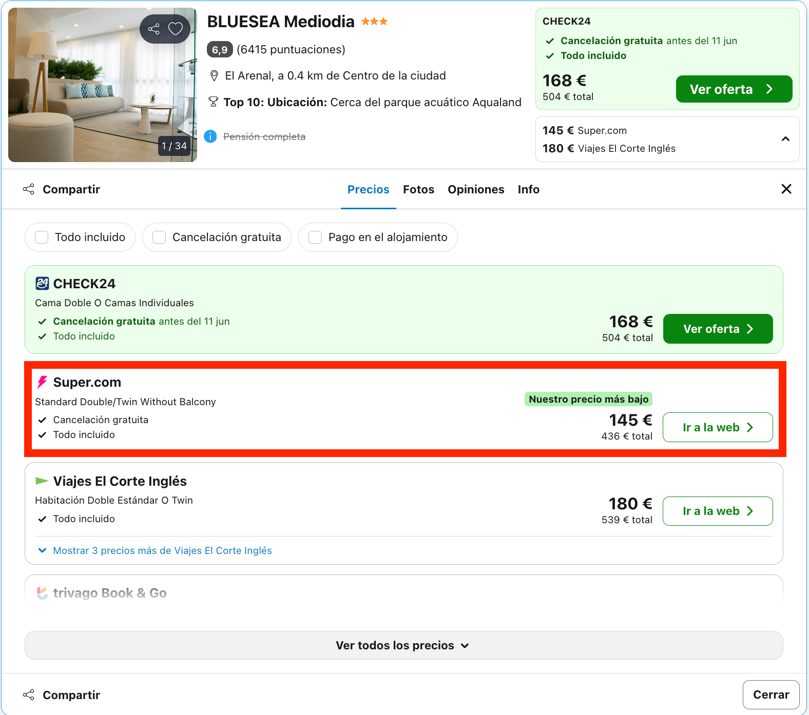 Hotel a un paso de la playa con todas comidas y bebidas incluidas a partir de 72€ p.p./noche
