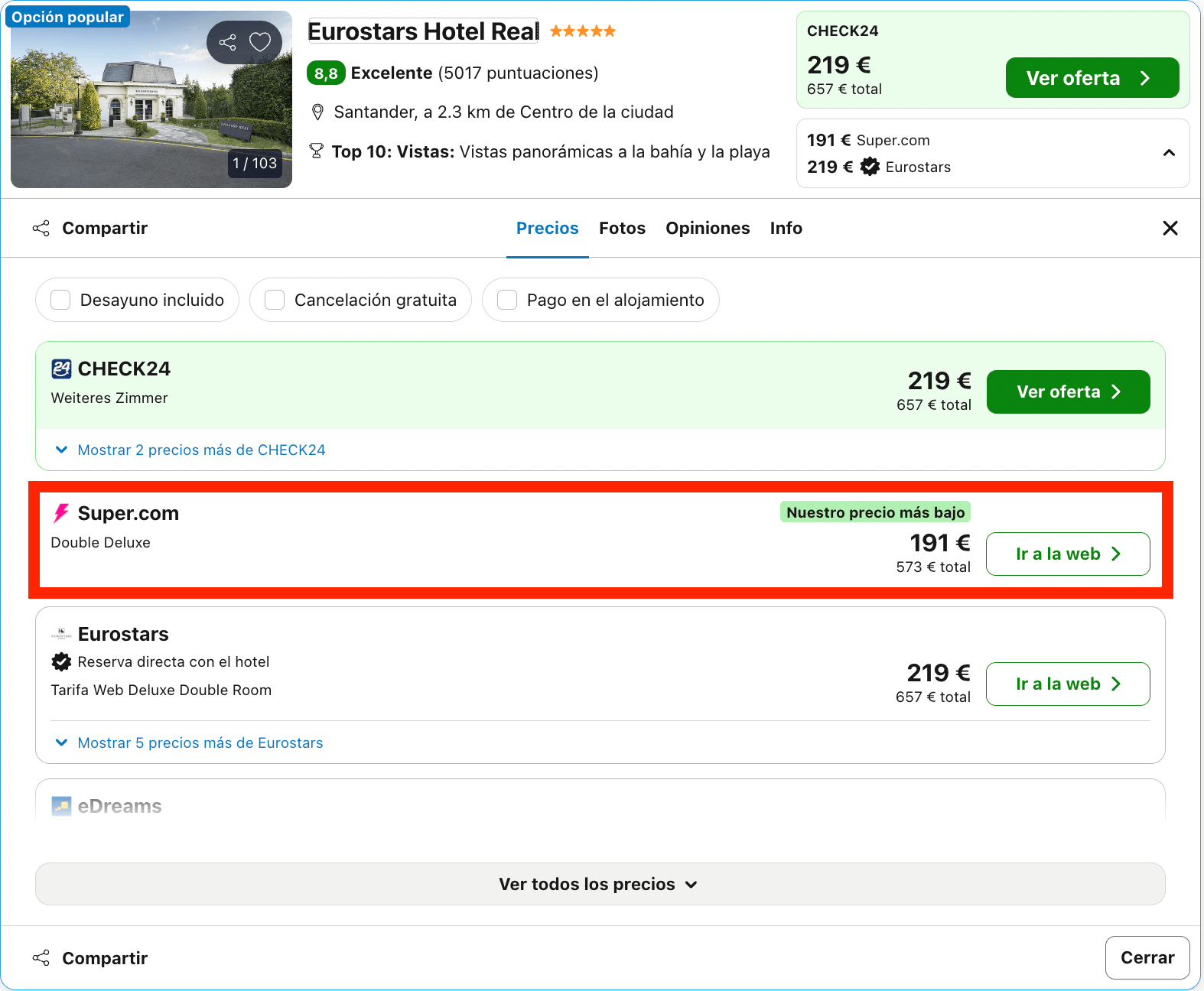 Hotel 5* con impresionantes vistas de la bahía de Santander y la playa de El Sardinero desde 95€ p.p./noche