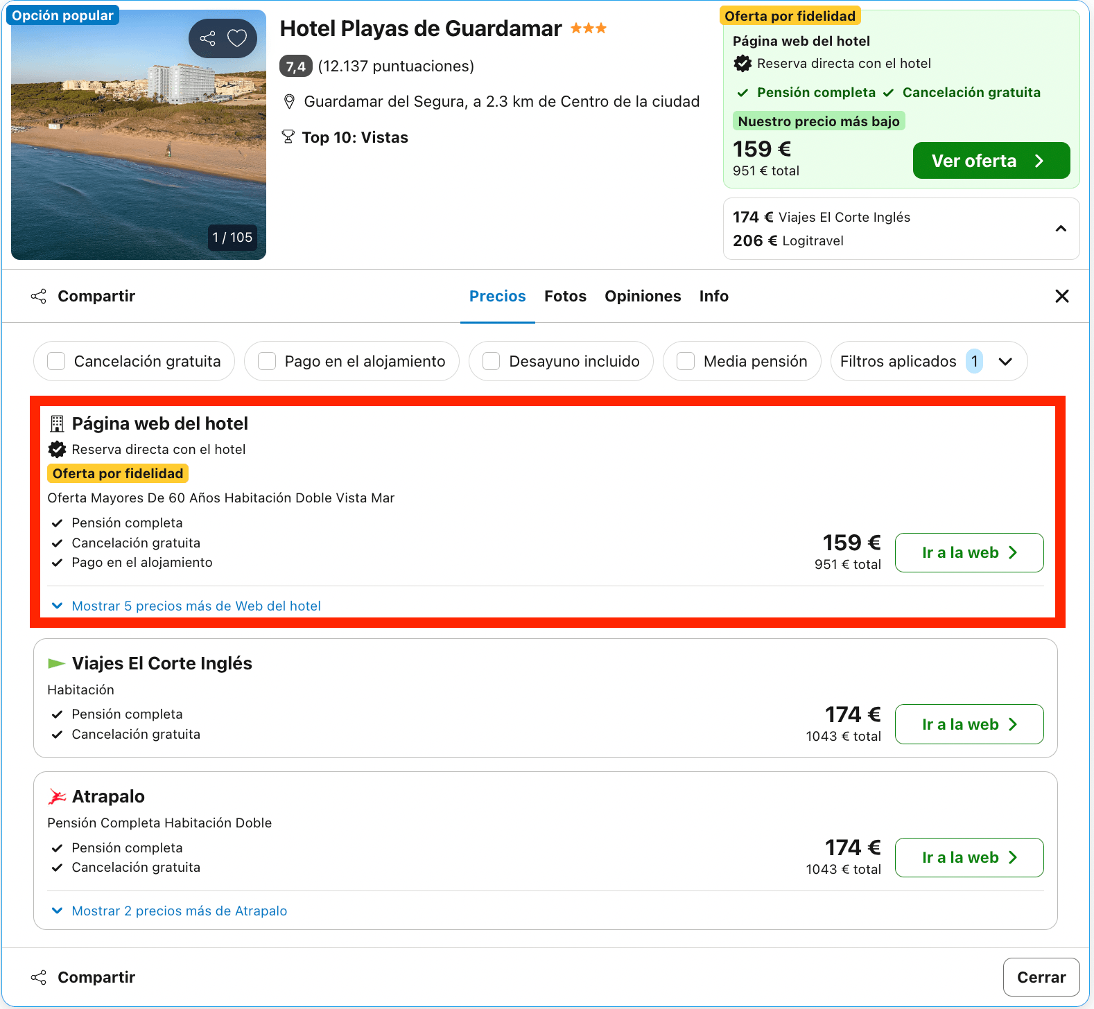 Hotel en Guardamar del Segura con acceso directo a la playa y pensión completa desde 70€ p.p./noche
