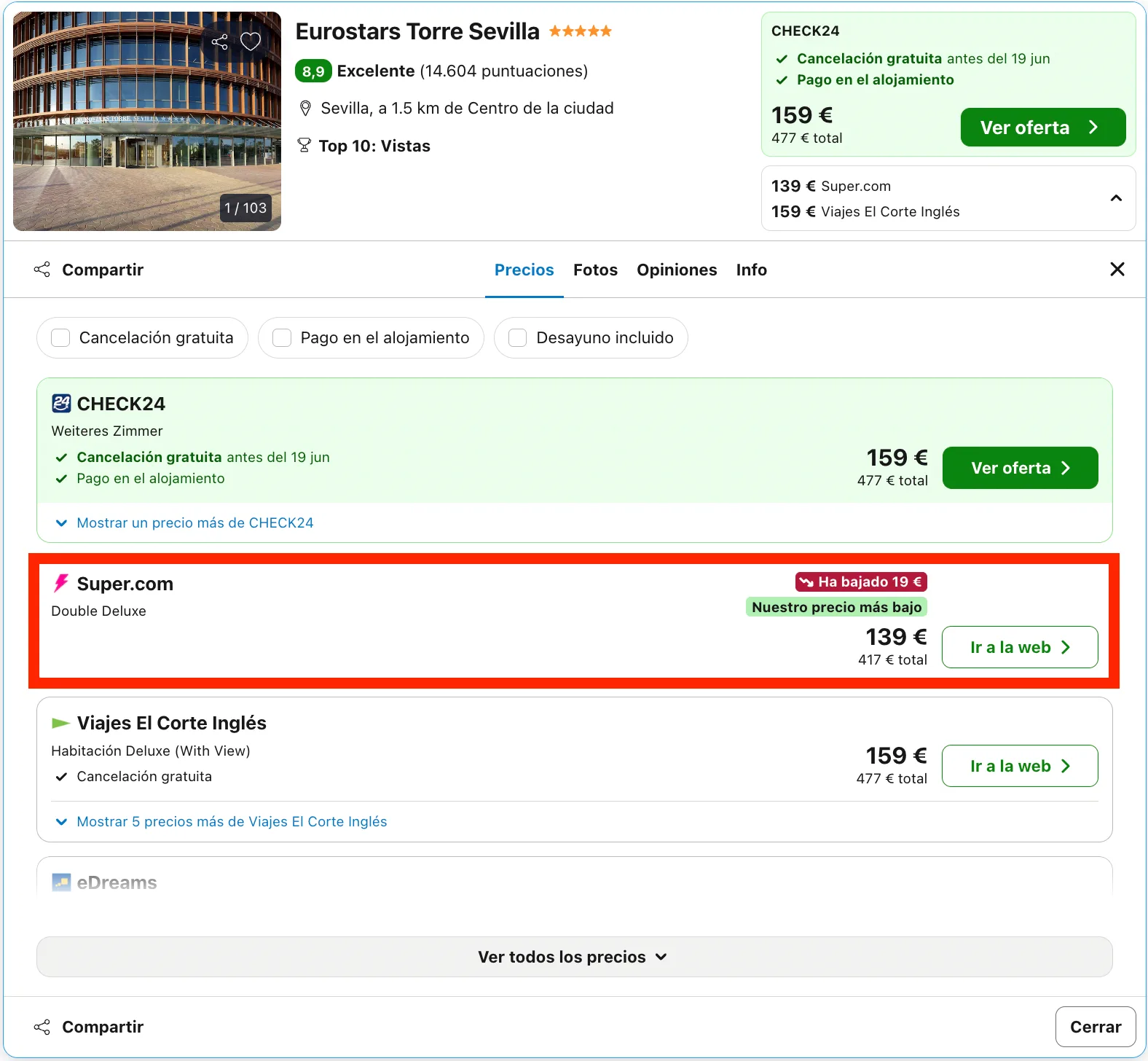Impresionante hotel Eurostars Torre Sevilla 5* desde 69€ p.p./noche
