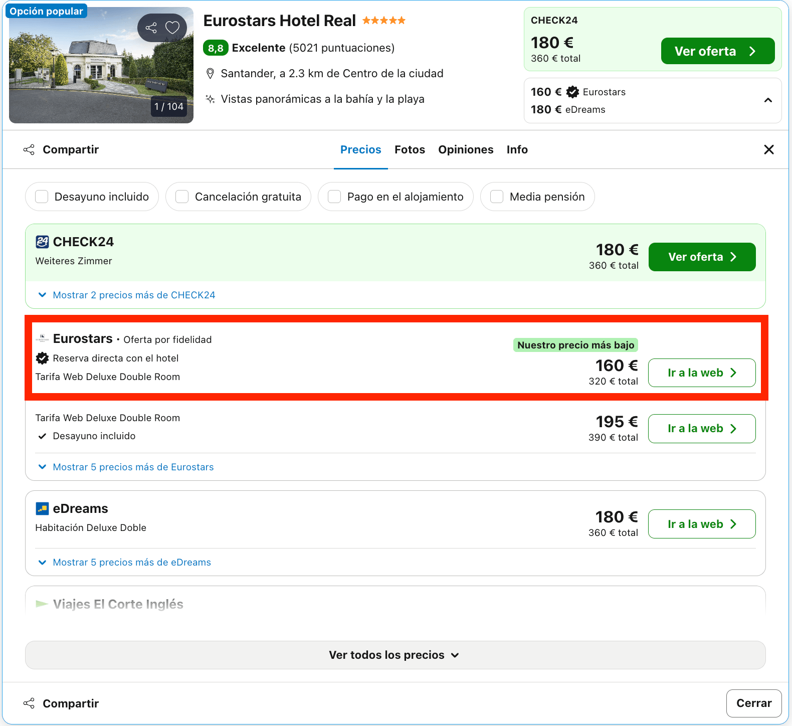 Emblemático hotel Eurostars 5* en Santander desde 80€ p.p./noche