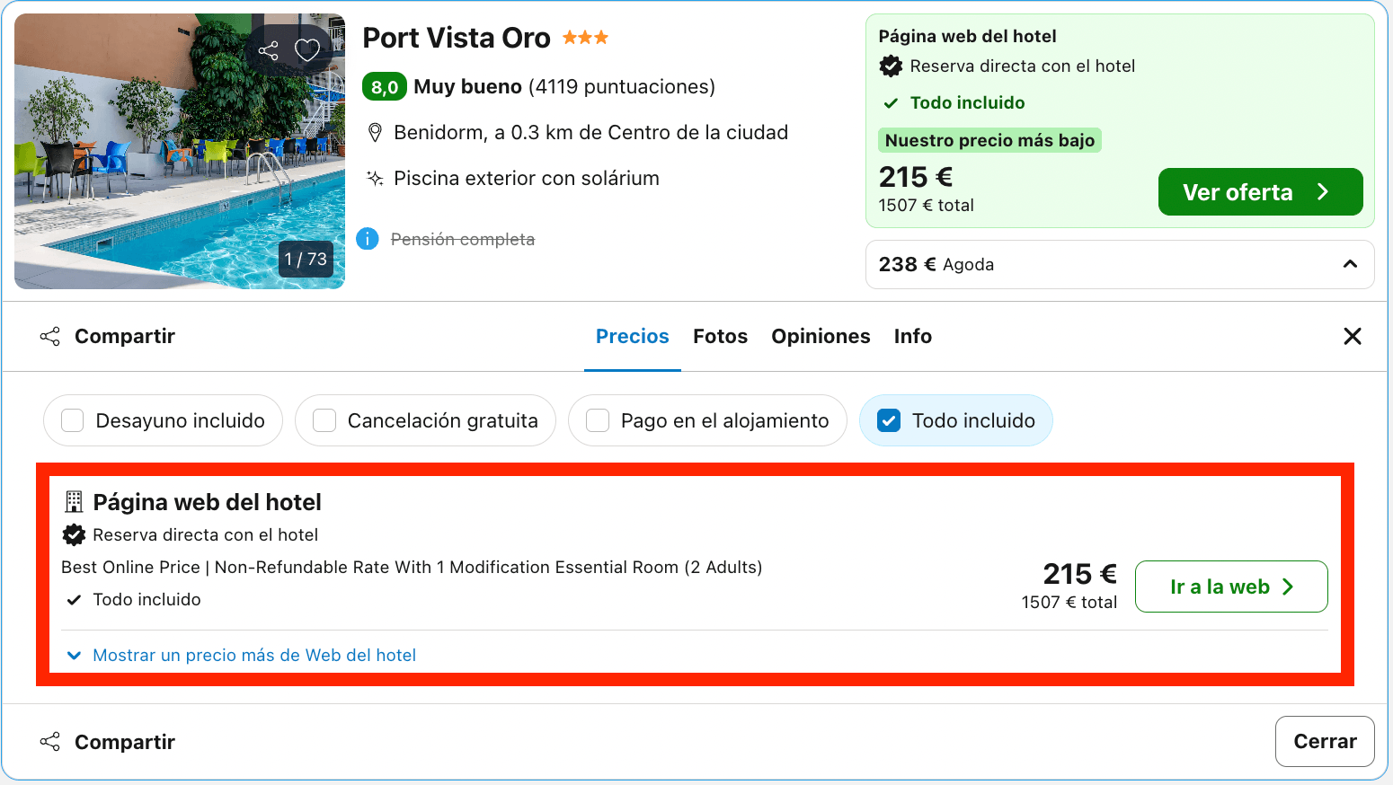 Hotel en Benidorm con todas las comidas incluidas desde 107€ p.p./noche