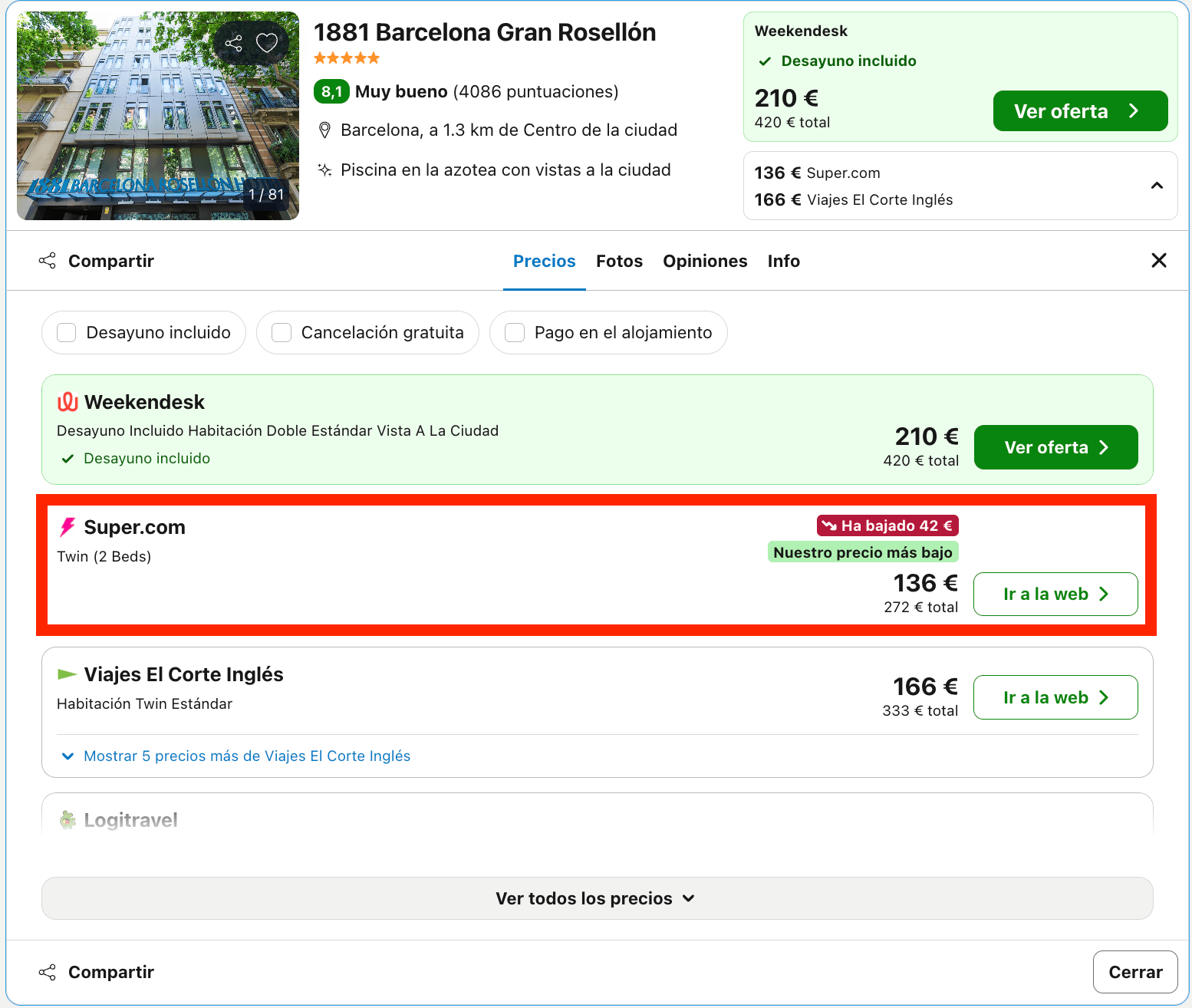 Espectacular hotel 5* 1881 Barcelona Gran Rosellón desde 68€ p.p./noche