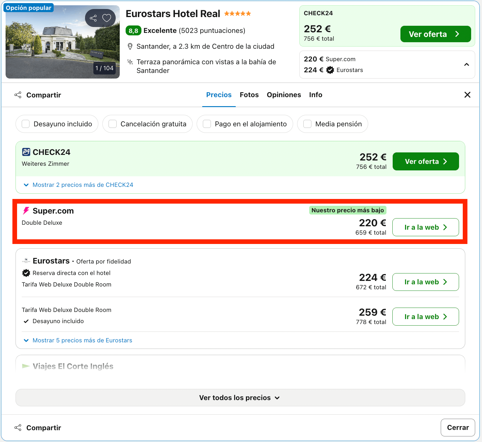 Emblemático Eurostars Hotel Real 5* en Santander desde 110€ p.p./noche
