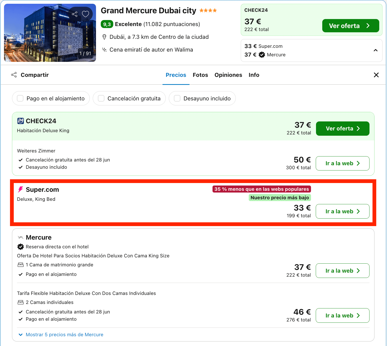 Increíble hotel 5* en Dubái desde 16€ p.p./noche