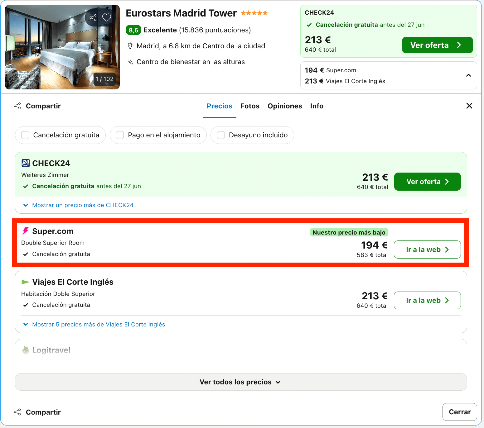 Escapada al lujoso hotel Eurostars Madrid Tower 5* desde 97€ p.p./noche
