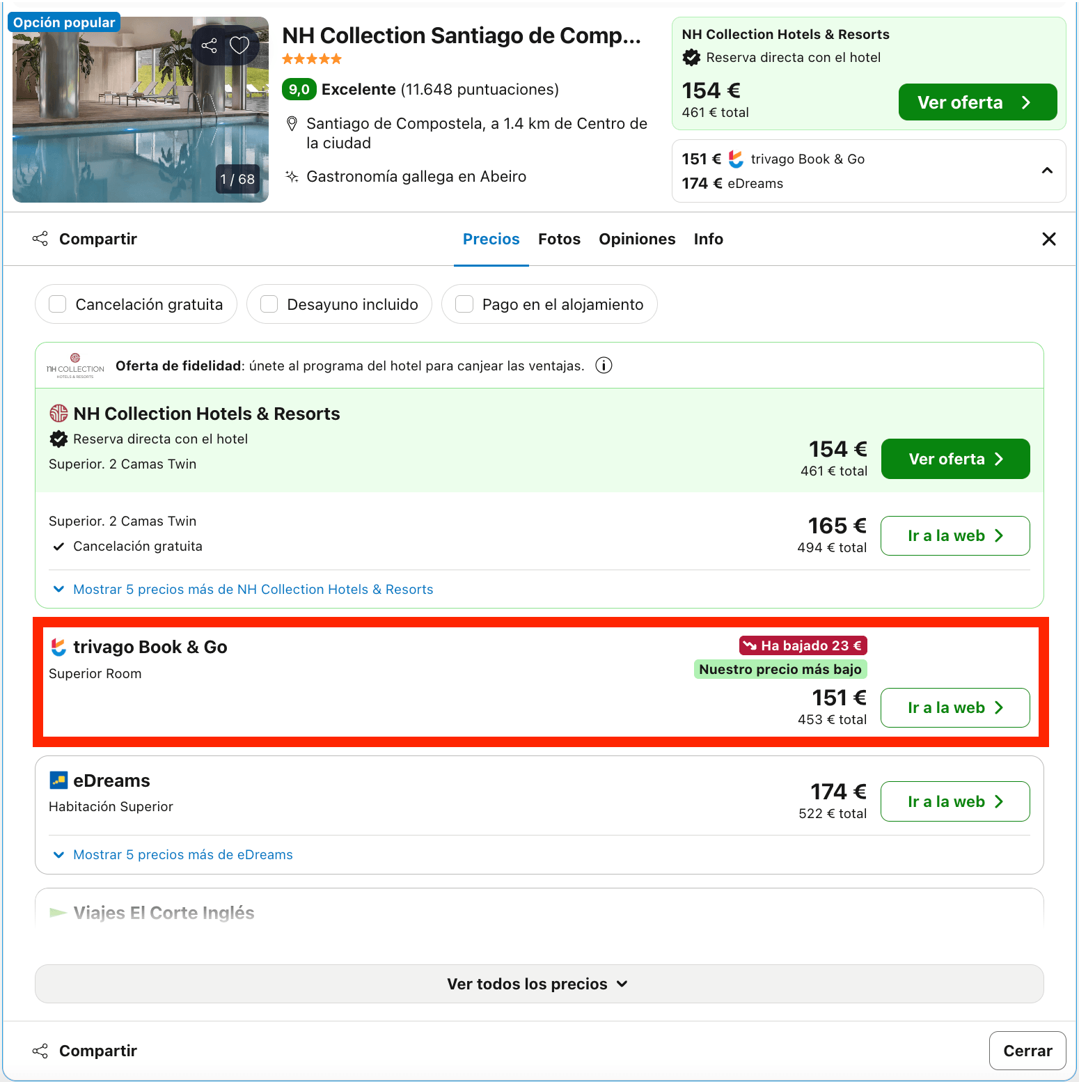 Auténtico lujo en Santiago de Compostela: hotel NH Collection 5* desde 75€ p.p./noche