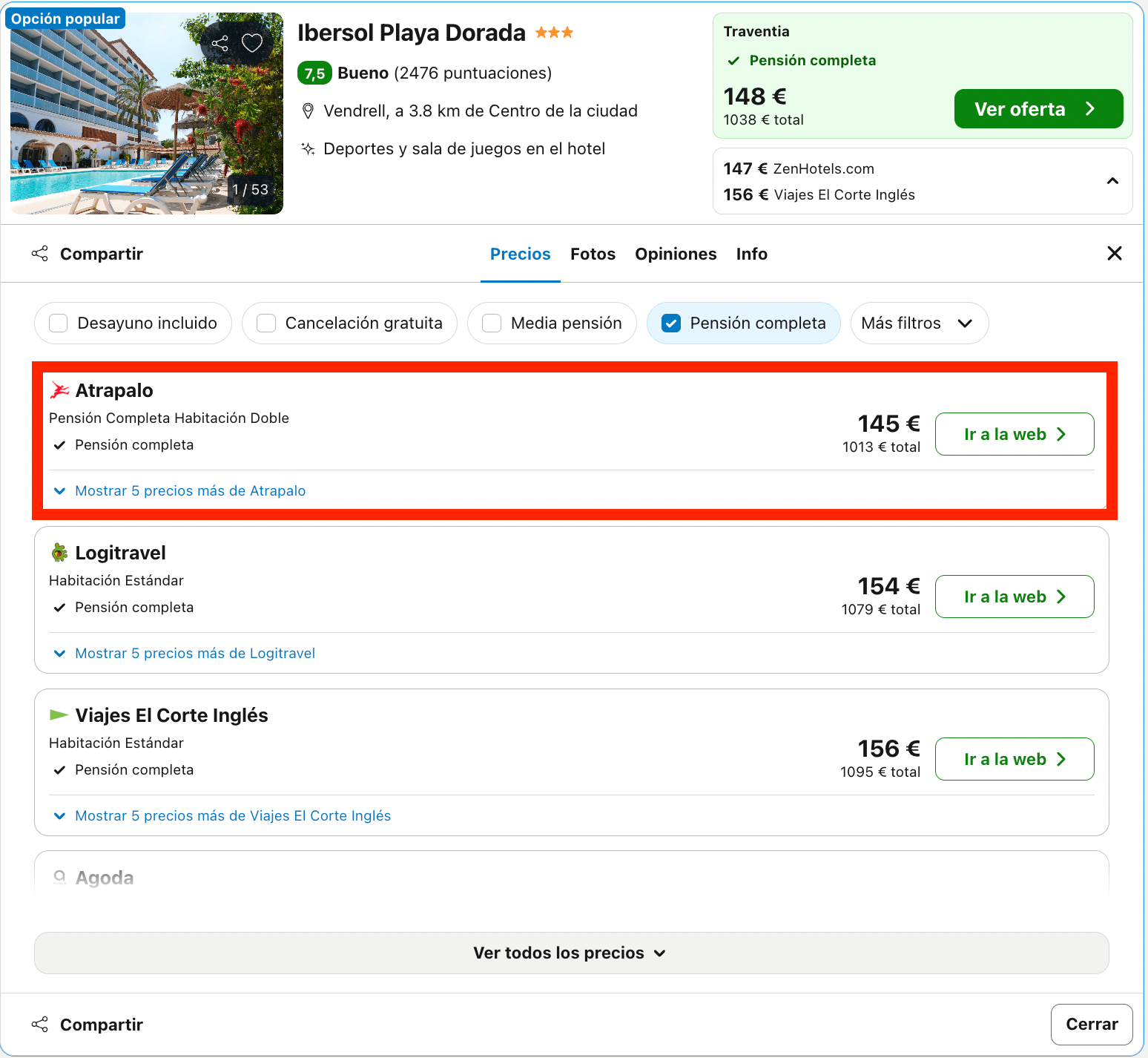 Vacaciones en El Vendrell: 7 noches en un hotel con pensión completa desde 506€ p.p.