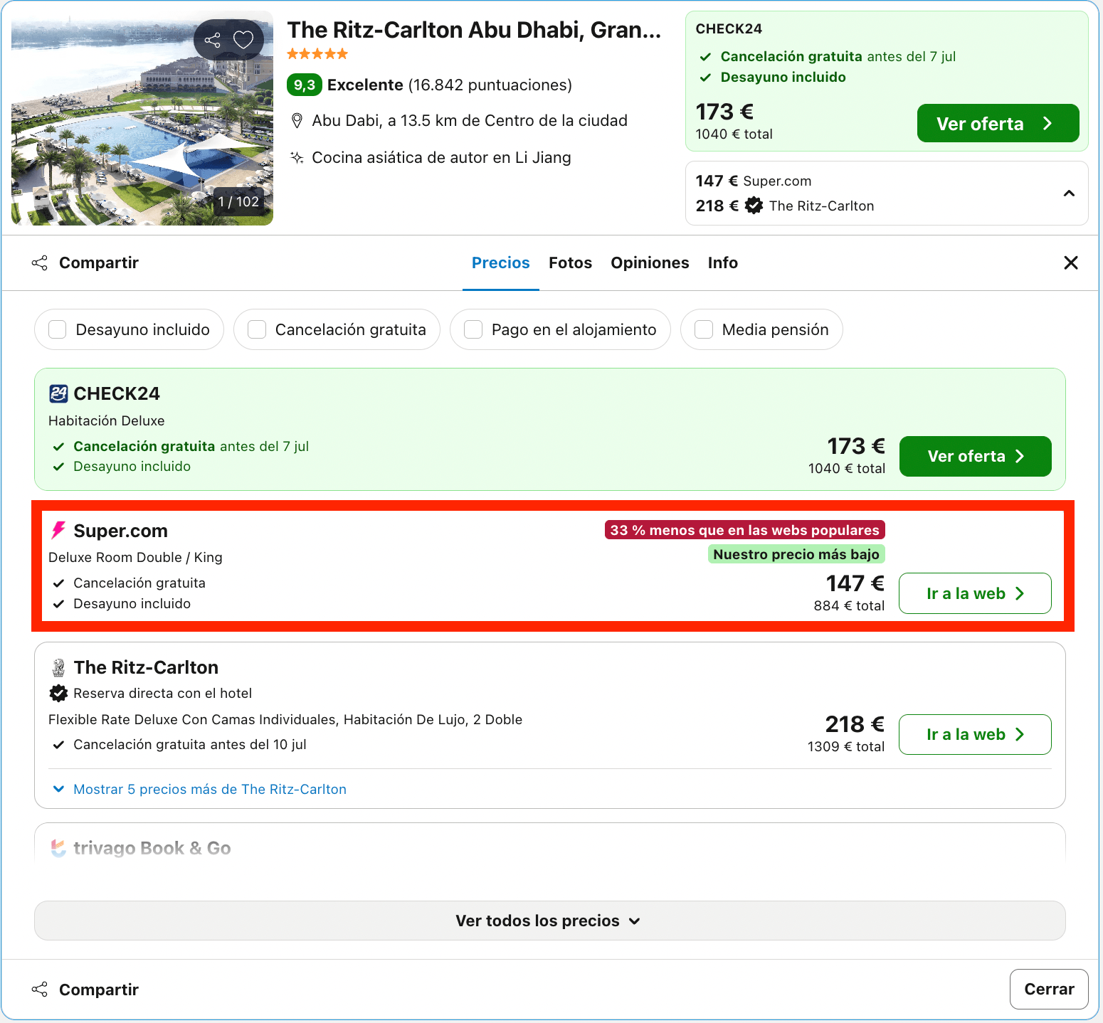 Hotel ultra lujoso The Ritz-Carlton Abu Dhabi 5* desde 73€ p.p./noche