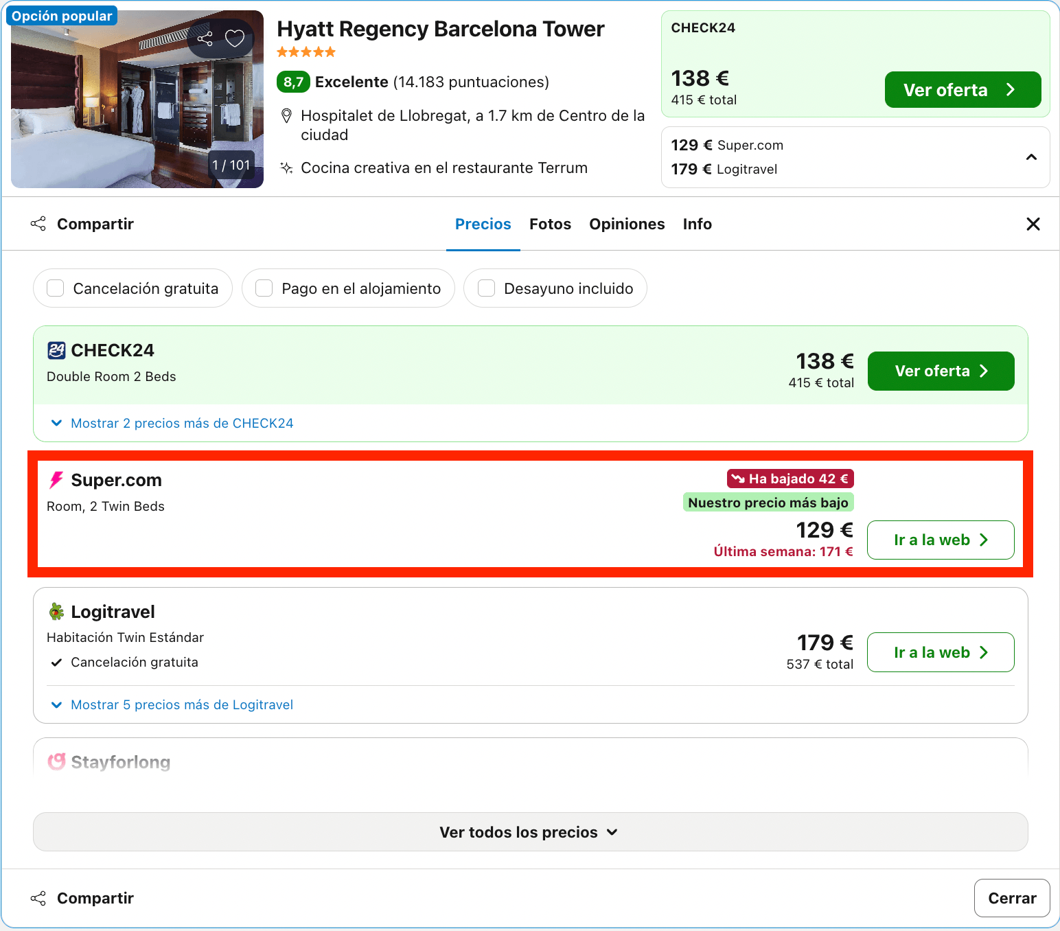 Verano de lujo en Barcelona: hotel Hyatt Regency Barcelona Tower 5* desde 64€ p.p./noche