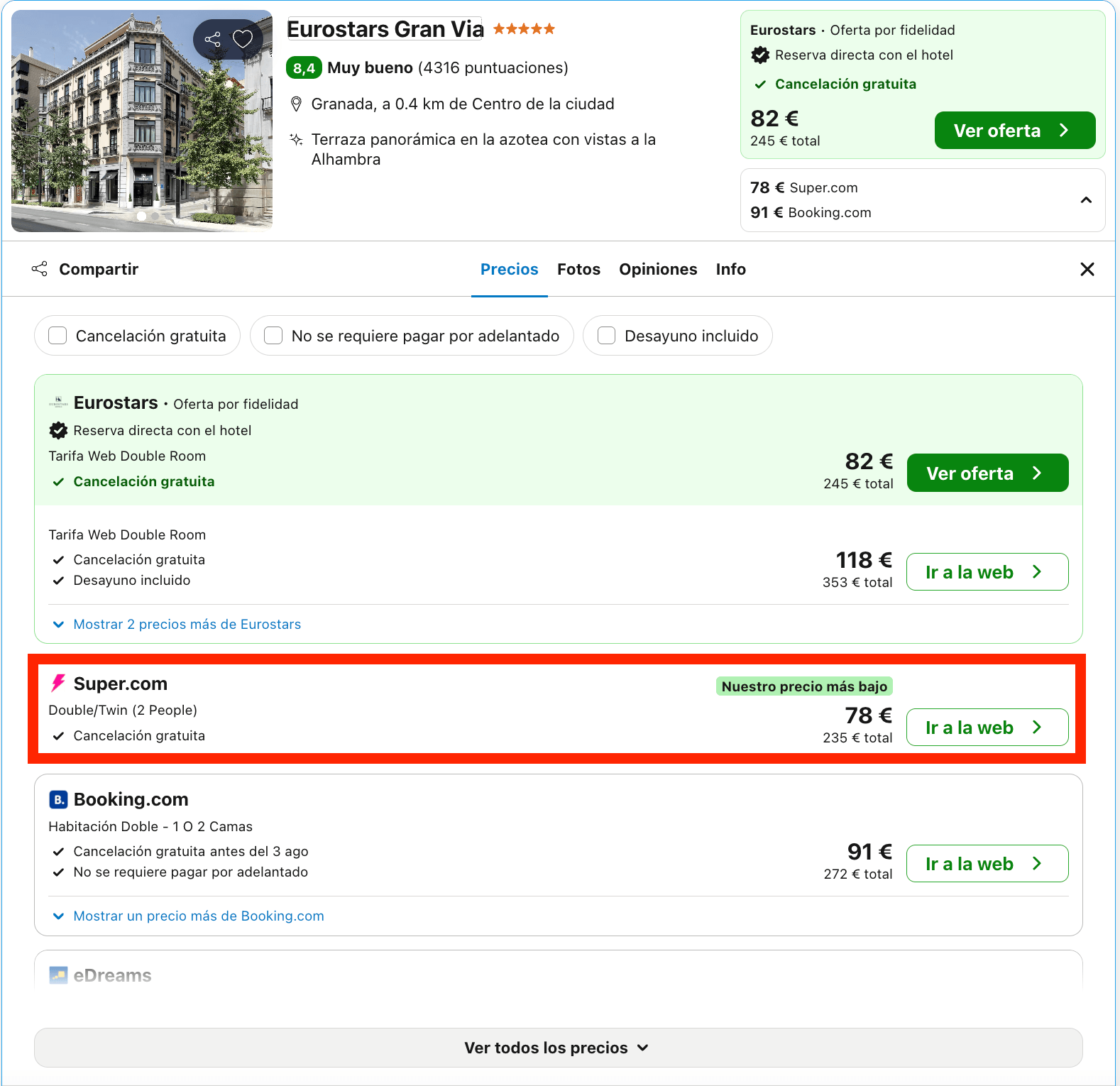 Granada: hotelazo Eurostars 5* con vistas a la Alhambra desde 39€ p.p./noche