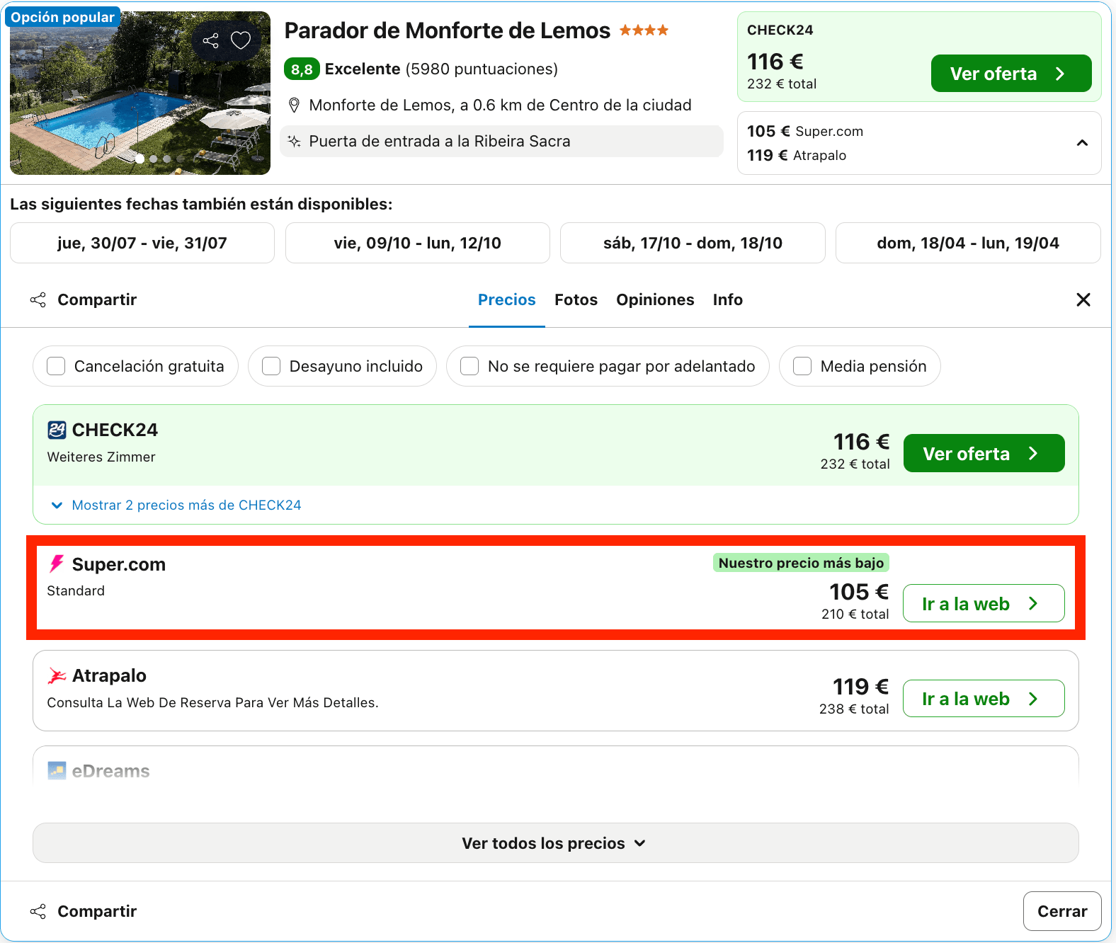 Parador ubicado en un antiguo monasterio benedictino del siglo XVII desde 52€ p.p,./noche