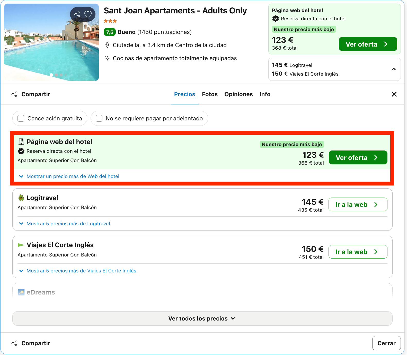 Aparthotel solo para adultos en Menorca desde solo 61€ p.p./noche