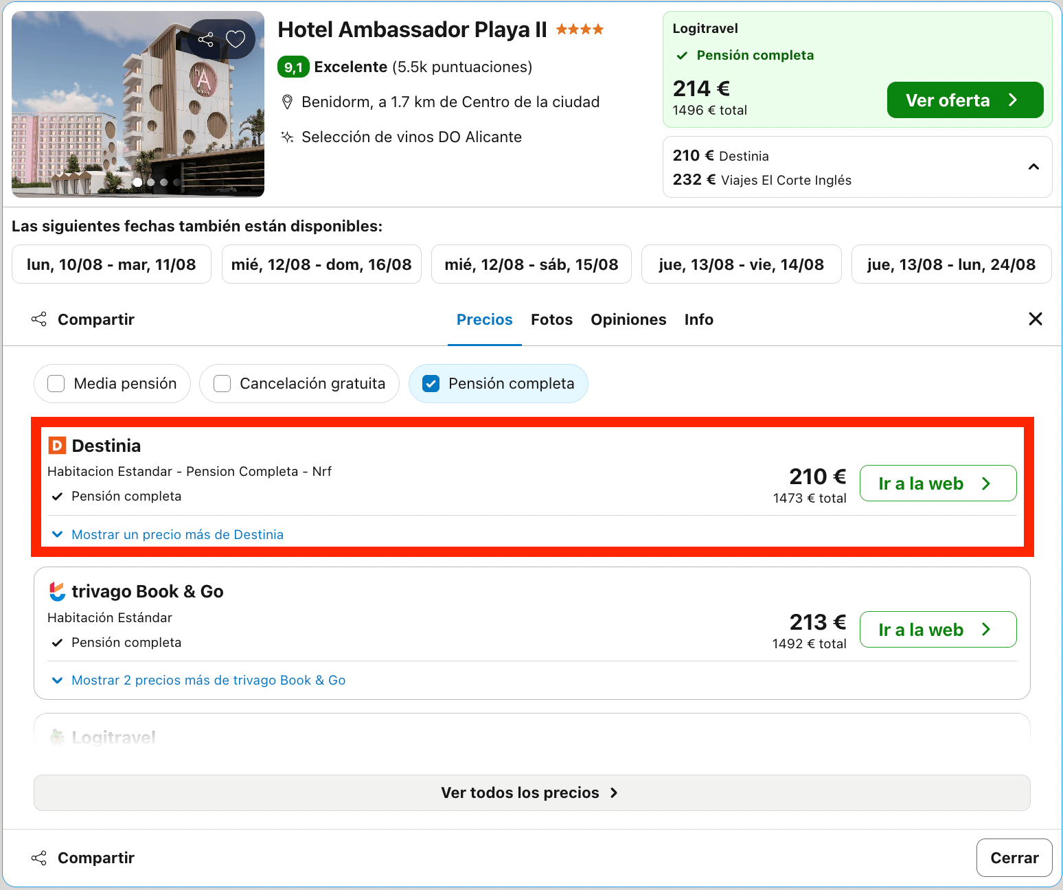 Agosto en Benidorm: magnífico hotel 4* en la playa con todas las comidas incluidas desde 105€ p.p./noche