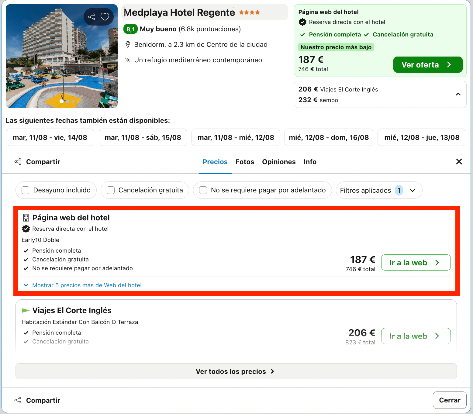 Agosto en Benidorm: hotel 4* con todas las comidas incluidas desde 93€ p.p./noche