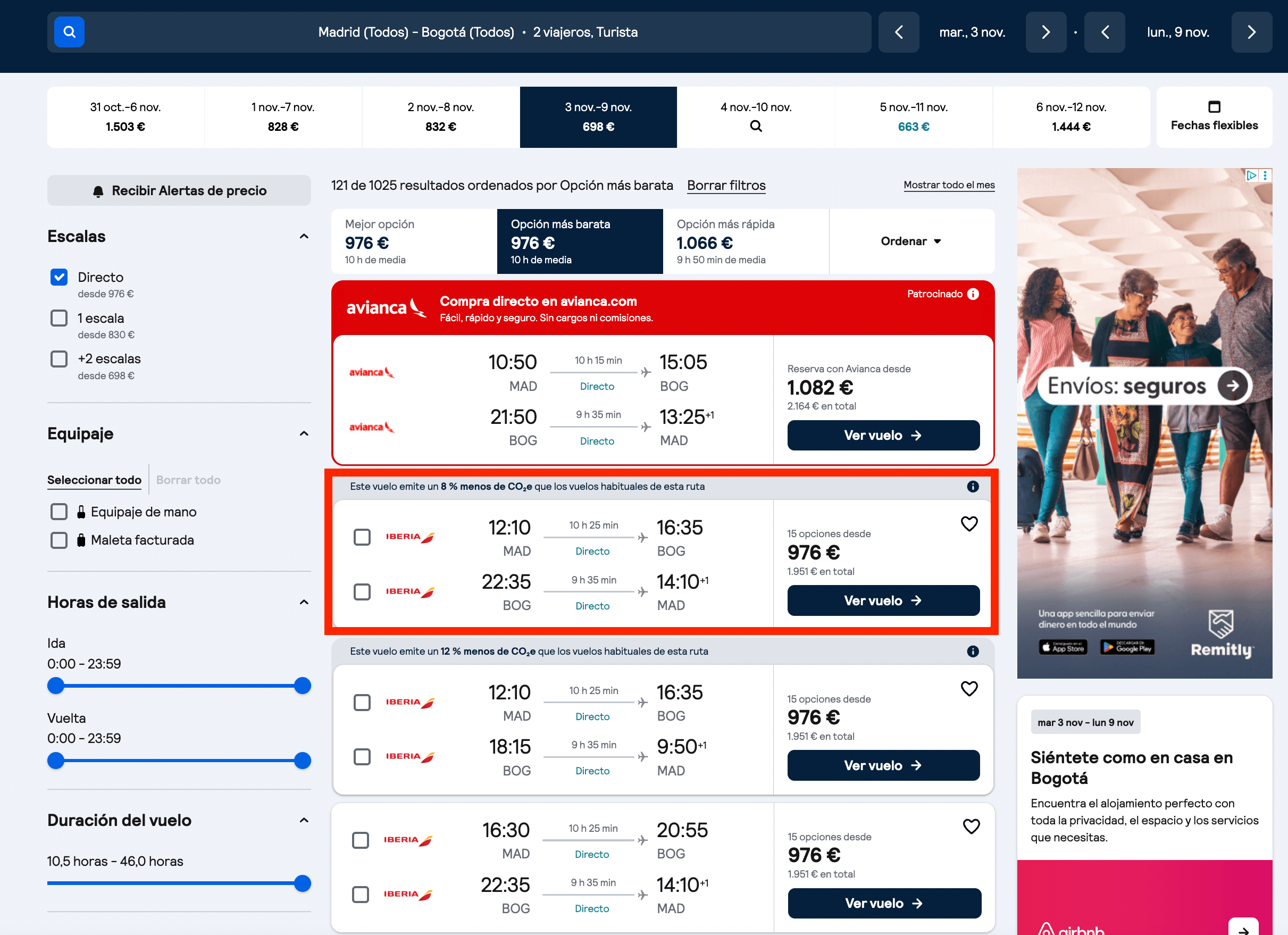 Vuelos directos de ida y vuelta a Bogotá desde 976€