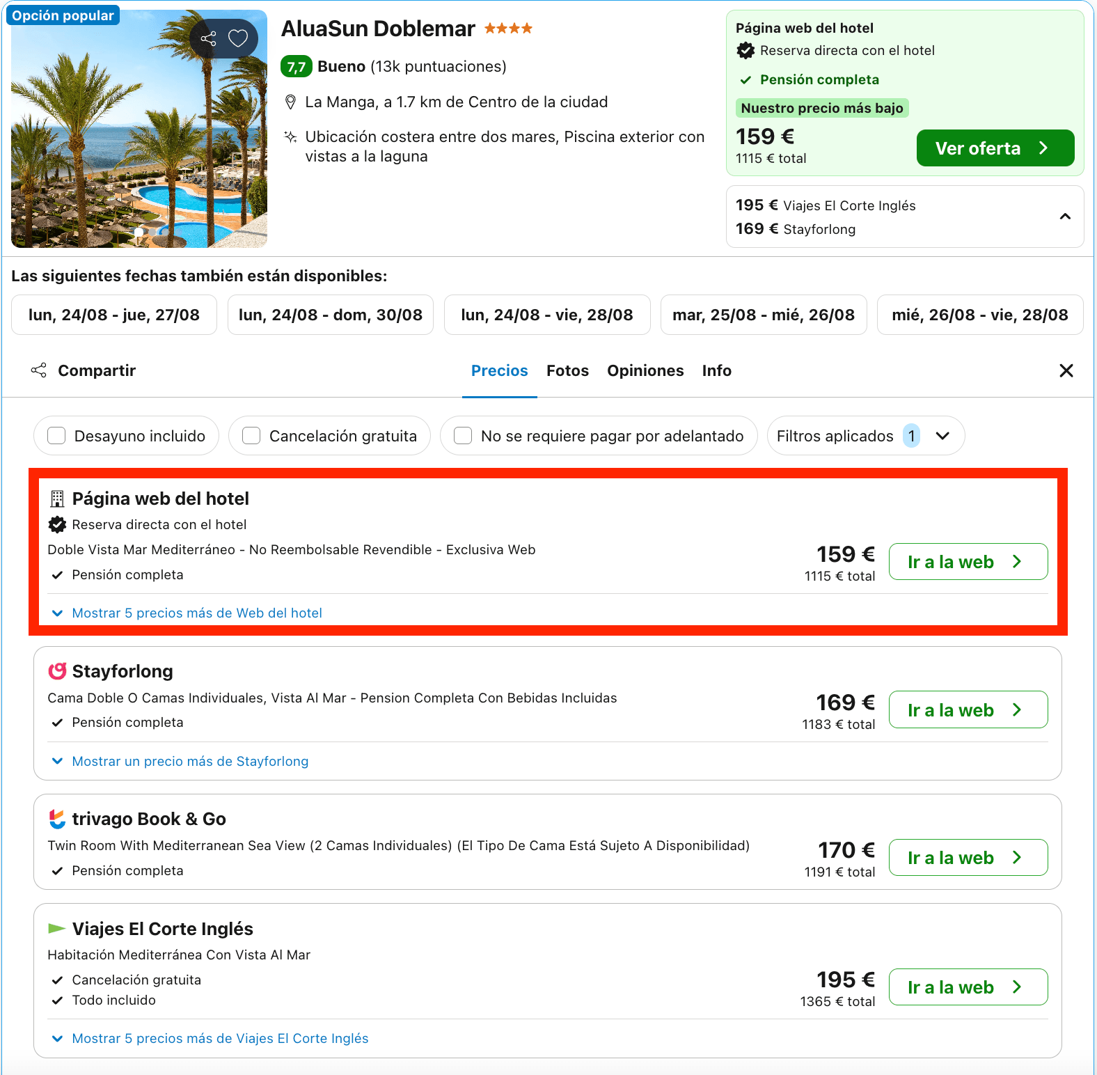 Septiembre en La Manga: hotel 4* a pie de playa con todas las comidas incluidas desde 79€ p.p./noche