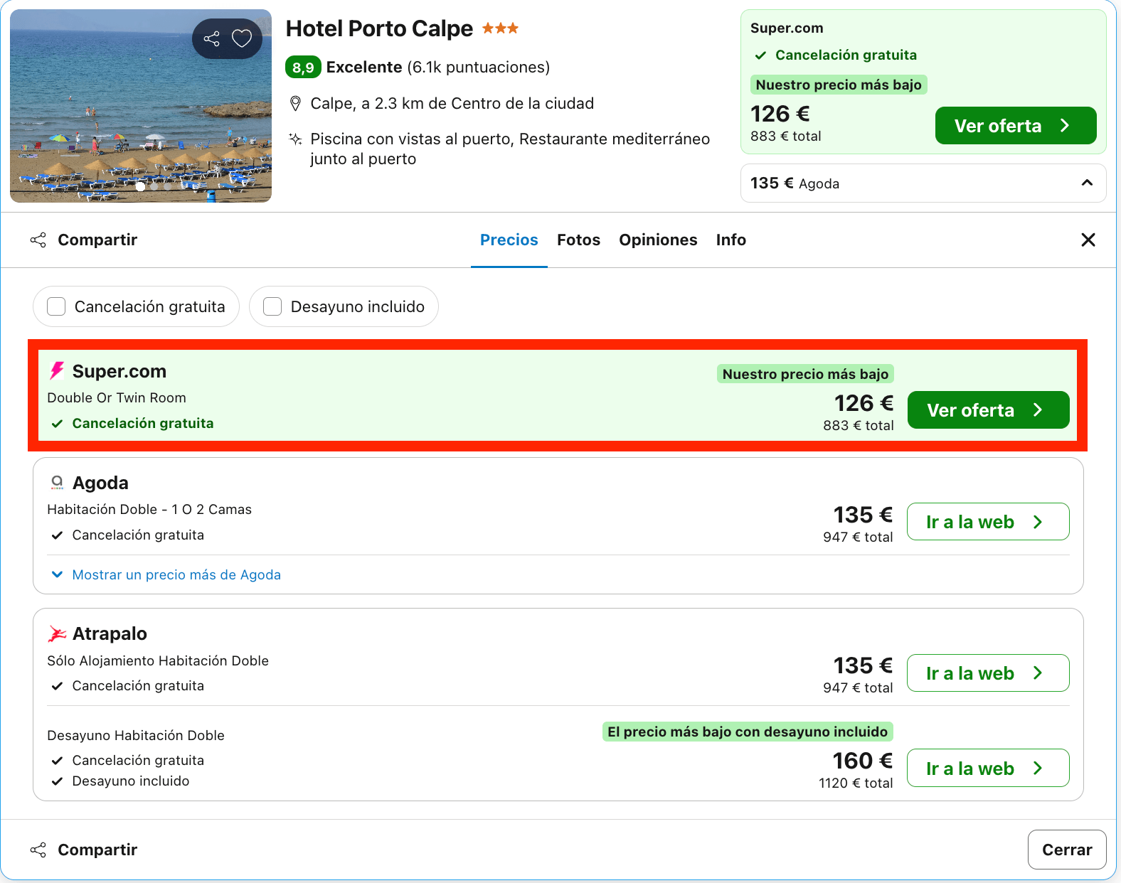 Vacaciones en Calpe: 7 noches en un hotel frente al mar desde 441€ p.p.