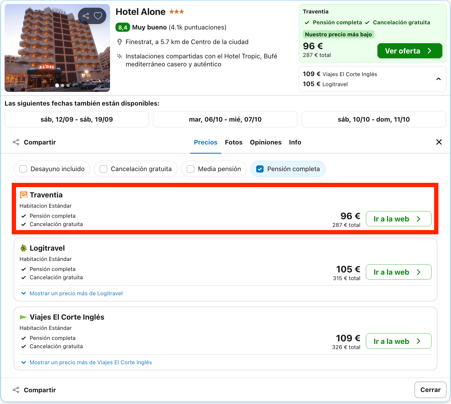 Hotel muy próximo a la cala de Finestrat con todas las comidas incluidas desde 48€ p.p./noche