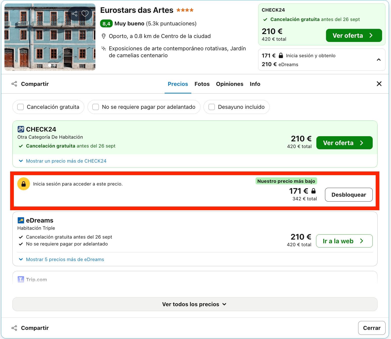 Hotel Eurostars 4* en Oporto desde 85€ p.p./noche
