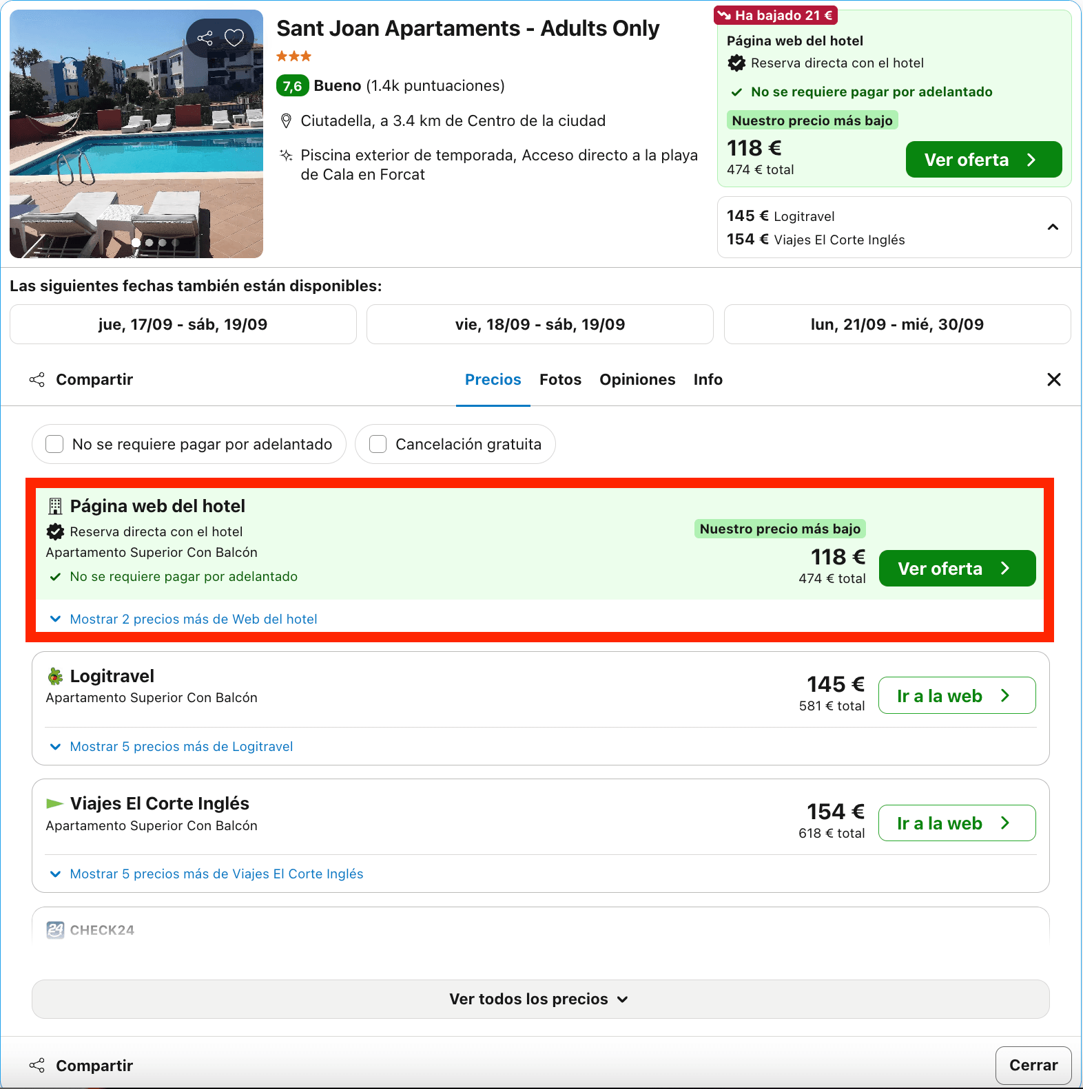 Menorca: aparthotel solo para adultos con acceso directo a la playa desde 59€ p.p./noche