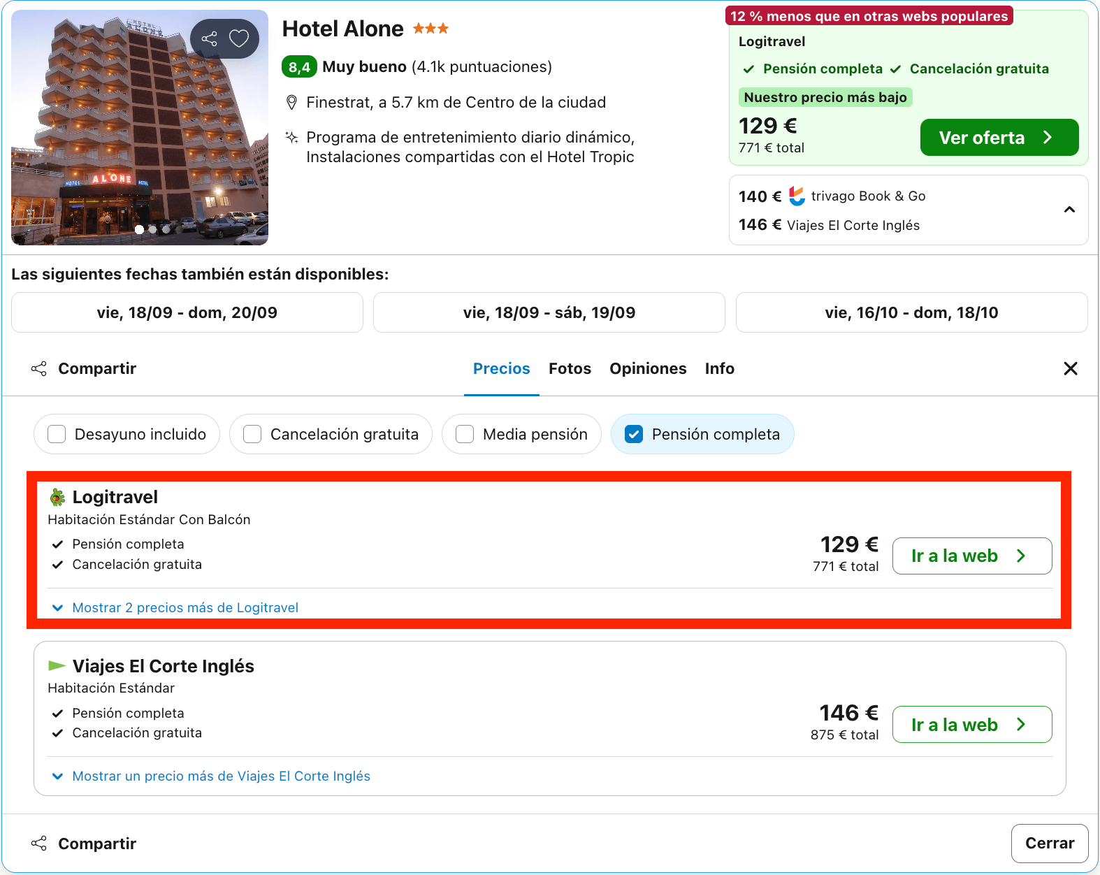 Hotel muy próximo a la cala de Finestrat con todas las comidas incluidas desde 64€ p.p./noche