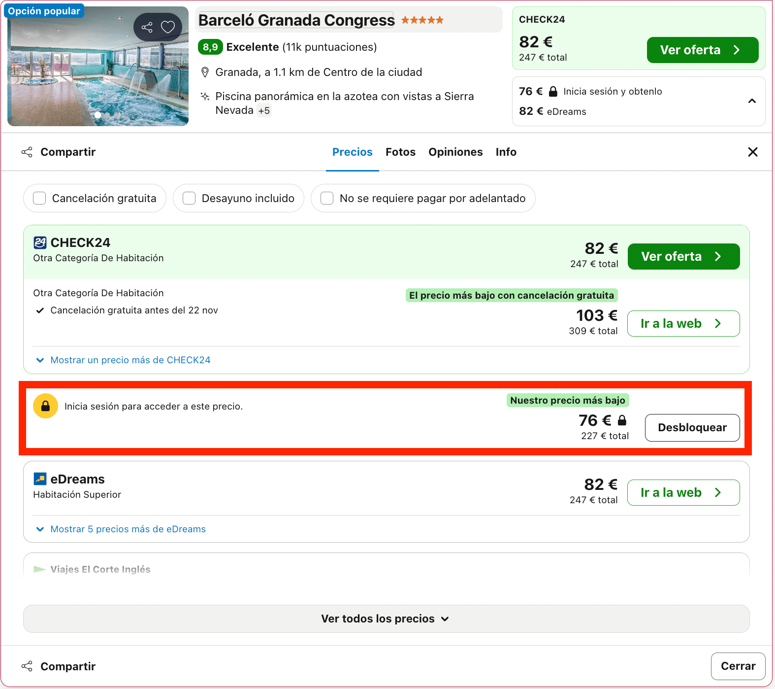 Escapada de lujo en Granada: hotel Barceló 5* con piscina desde 38€ p.p./noche