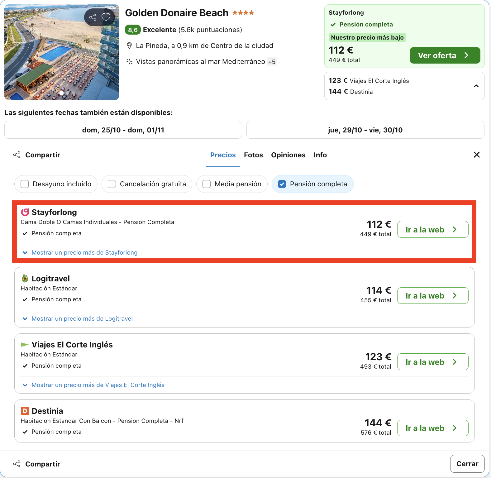La Pineda: hotel 4* a pie de playa con todas las comidas incluidas desde 56€ p.p./noche