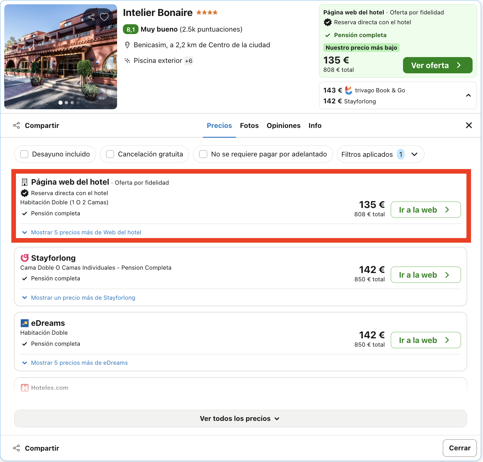Benicàssim: hotel 4* con todas las comidas incluidas desde 67€ p.p./noche