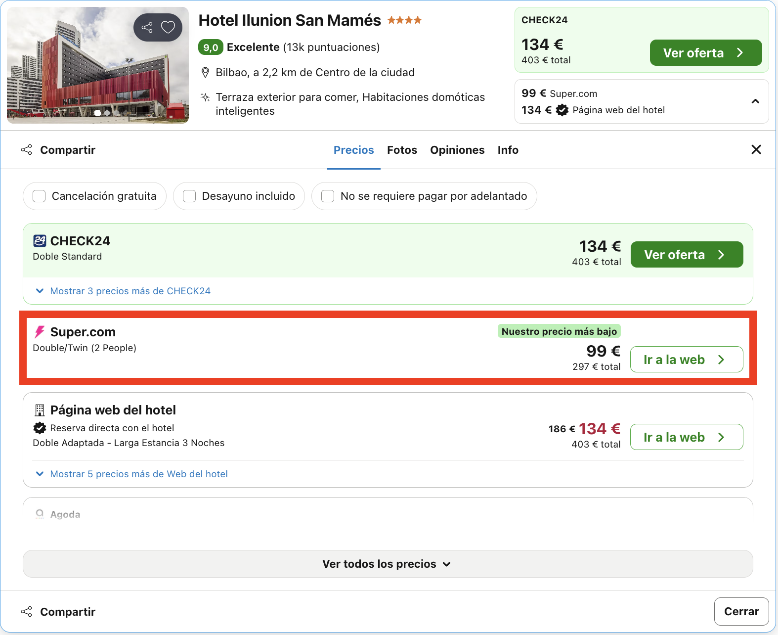 Escapada de última hora: hotel Ilunion San Mamés 4* con cancelación gratuita desde 49€ p.p./noche