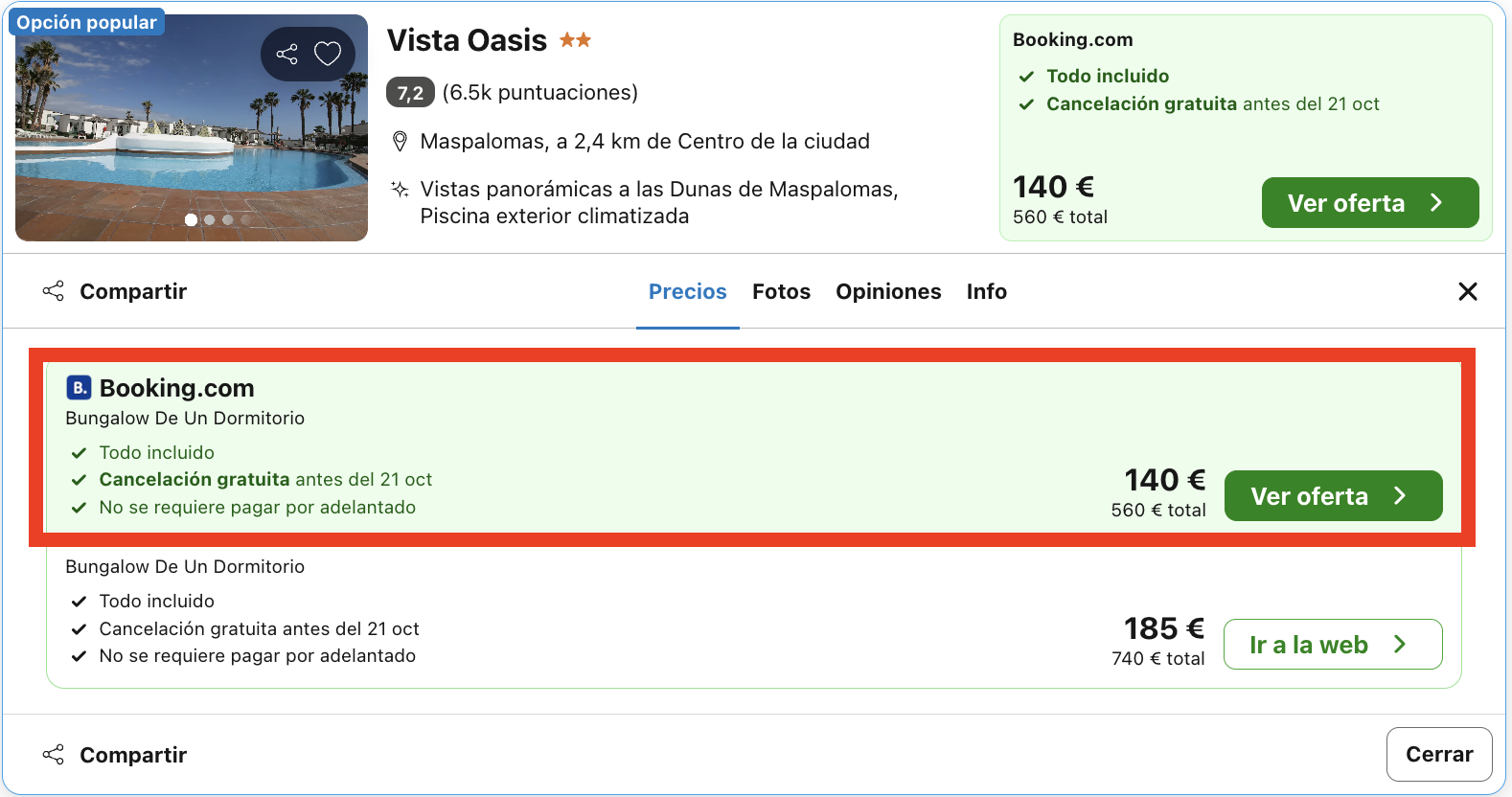 Bungalow en Maspalomas con todas las bebidas y comidas incluidas desde 70€ p.p./noche