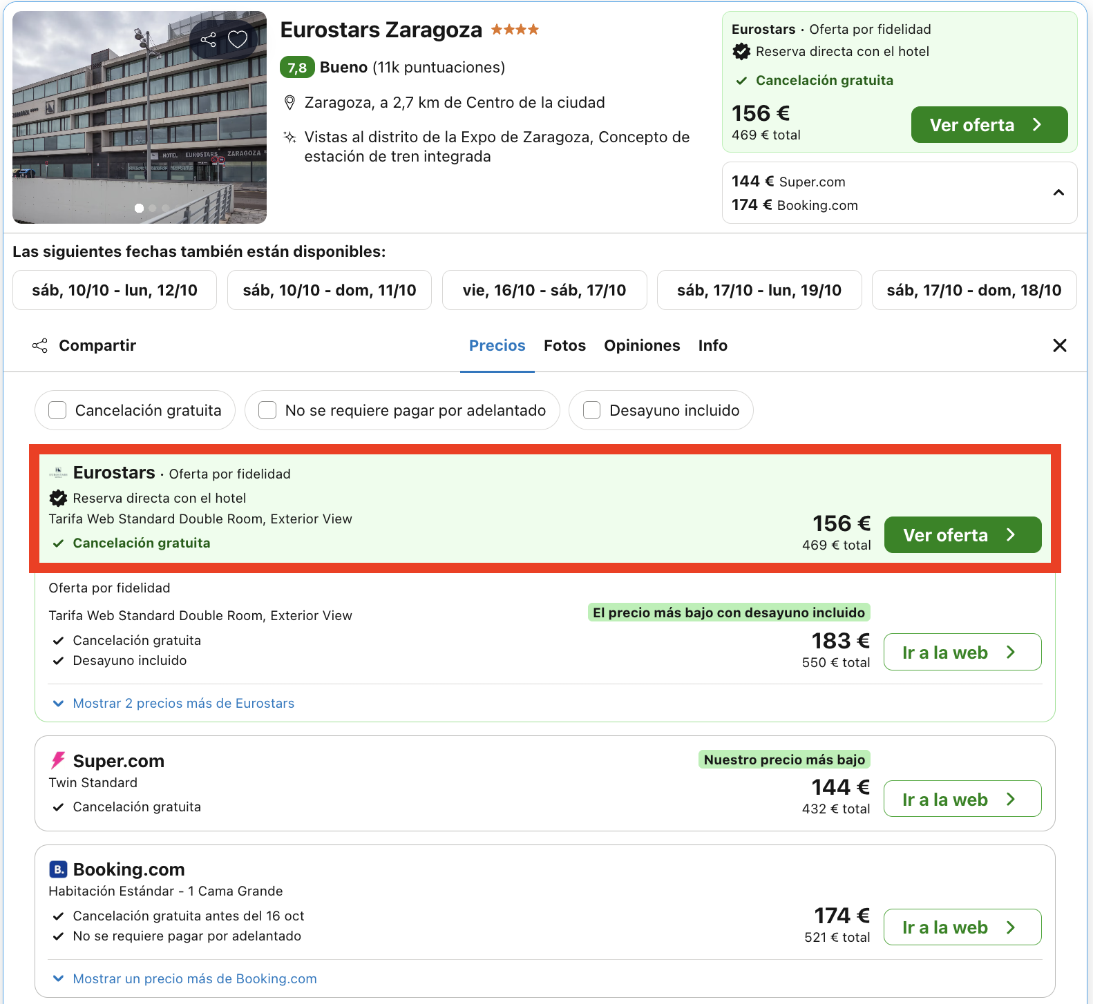 Escapada de última hora: hotel Eurostars 4* en Zaragoza desde 78€ p.p./noche