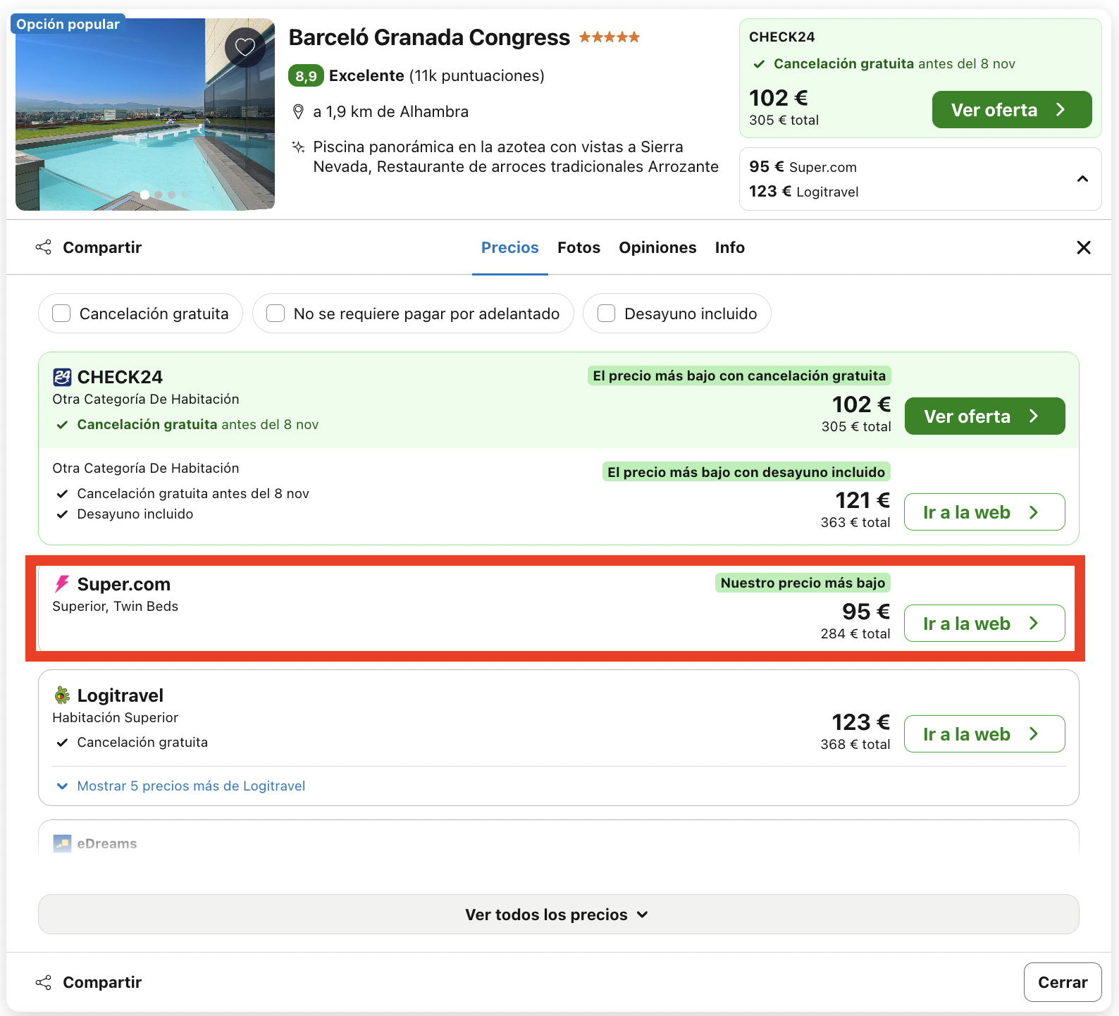 Escapada de lujo en noviembre: espectacular hotel Barceló 5* en Granada desde 47€ p.p./noche