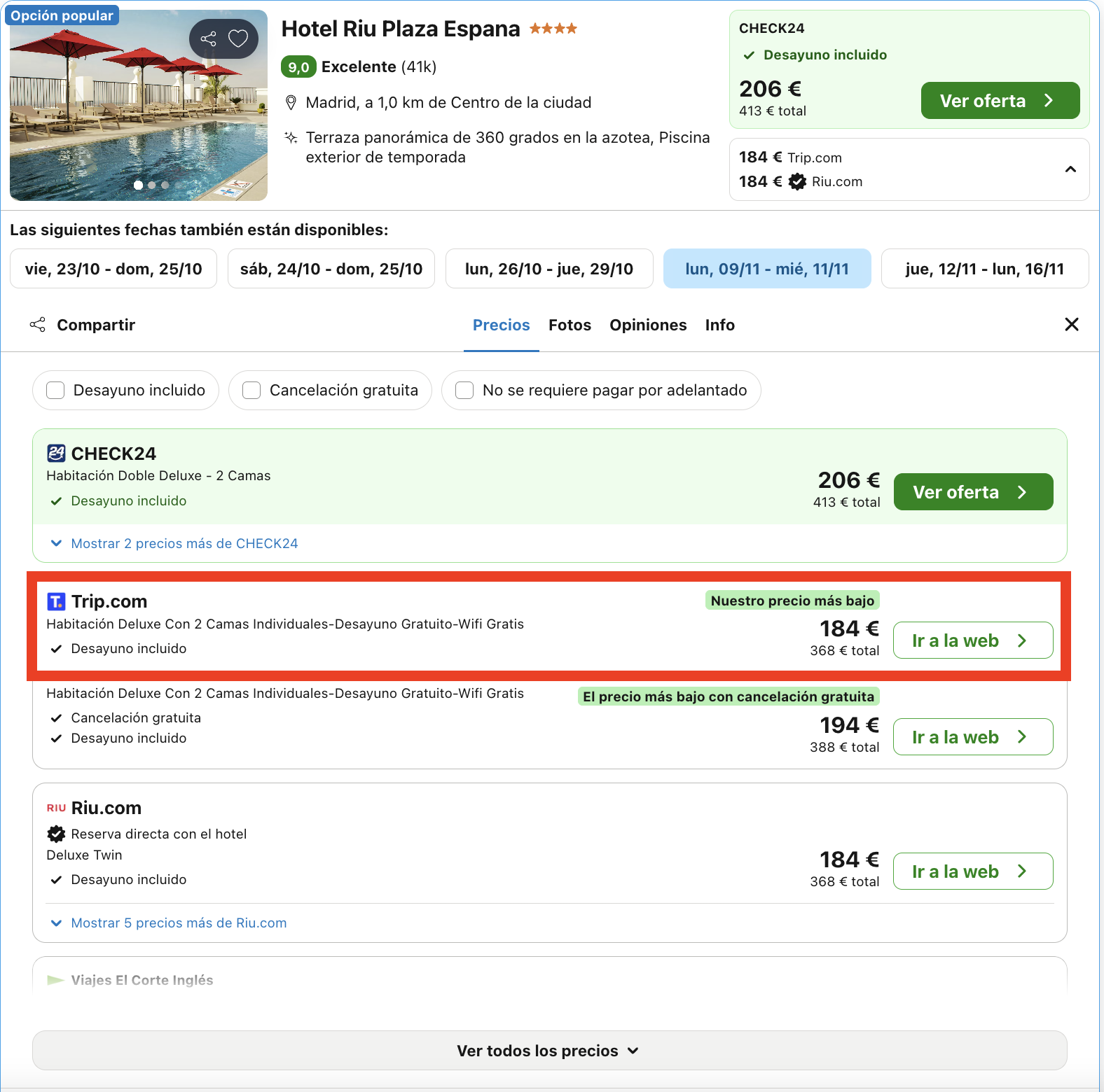 Escapada de última hora en Madrid: simbólico hotel Riu Plaza España 4* desde 92€ p.p./noche