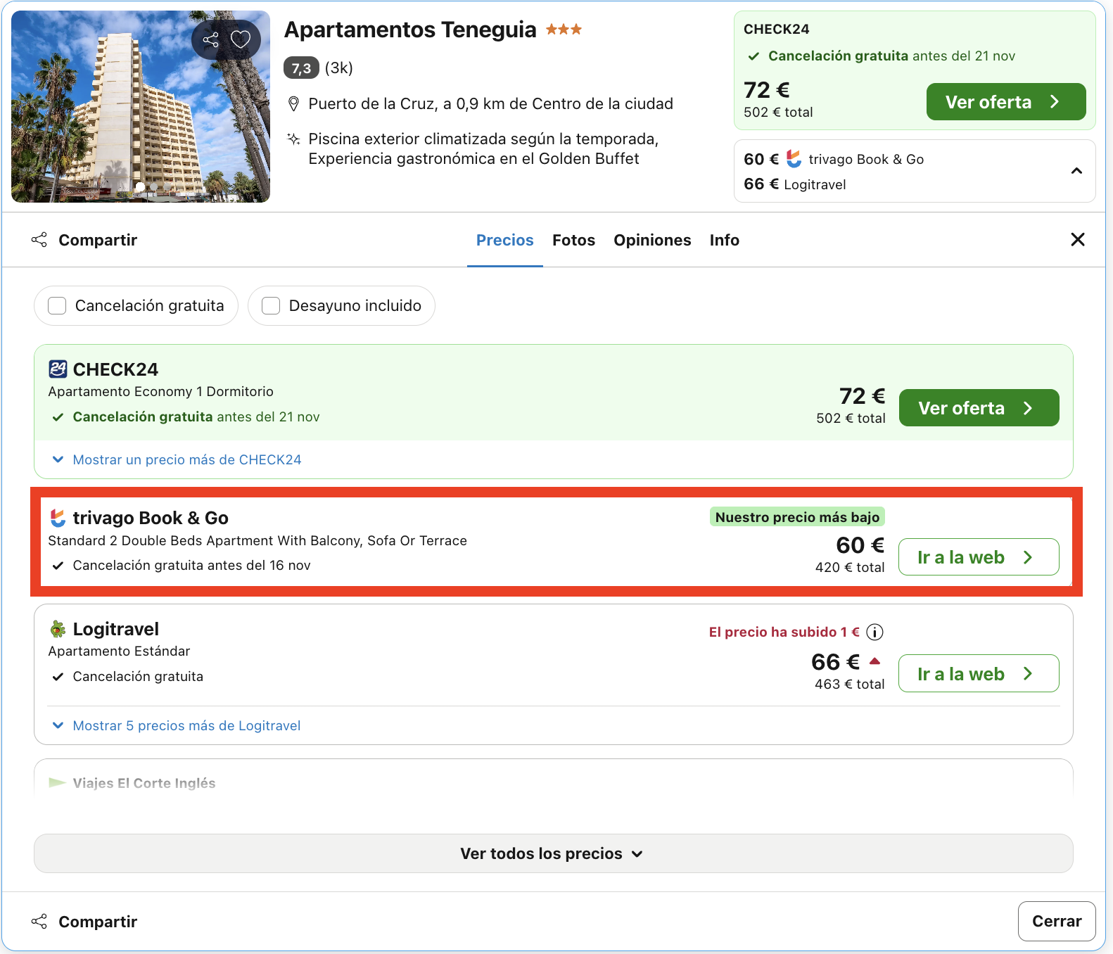 Vacaciones en Tenerife: 7 noches en un aparthotel con vistas al Teide desde 210€ p.p.