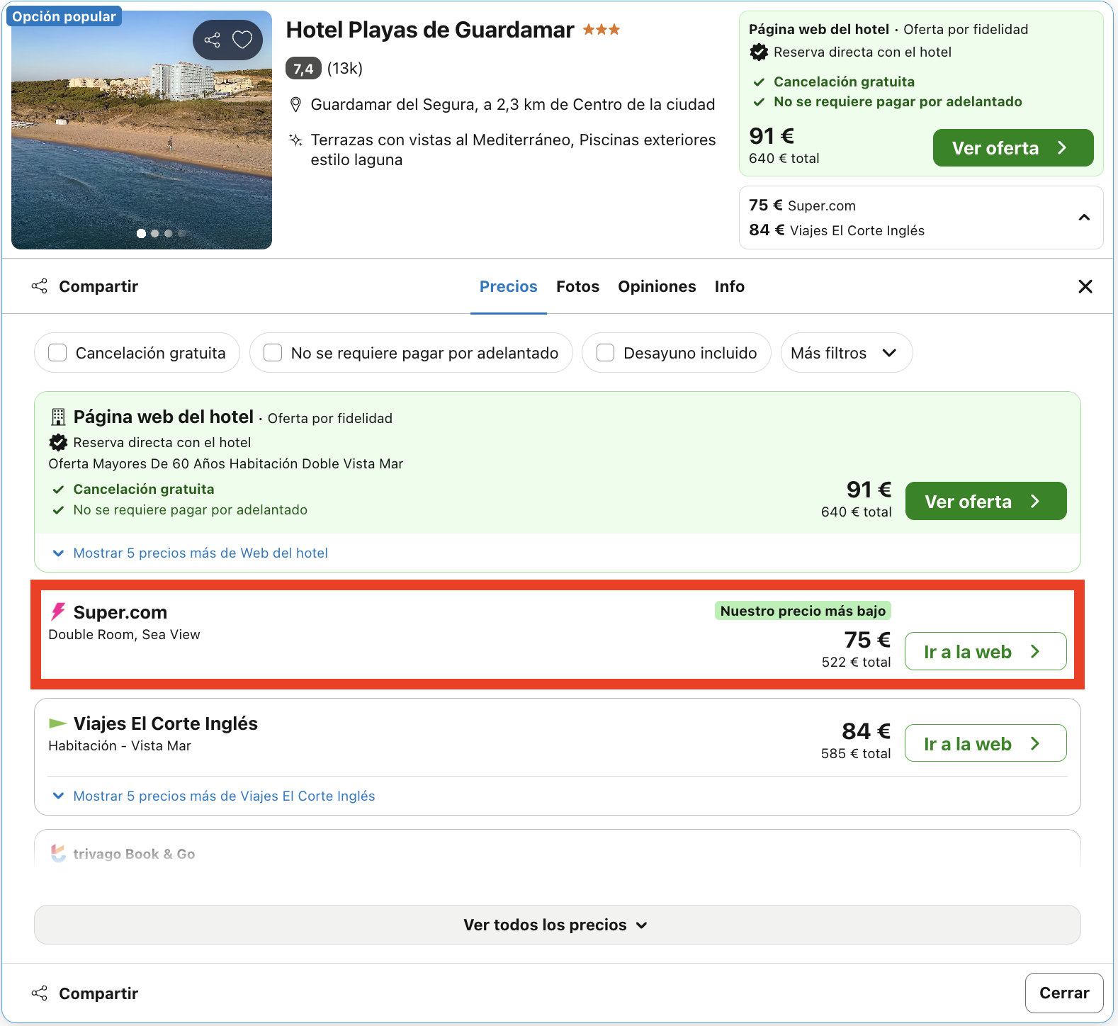 Vacaciones en Guardamar del Segura: 7 noches en un hotel con vistas al mar desde la habitación desde 261€ p.p.